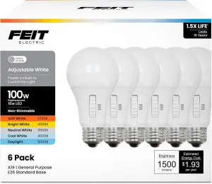 Feit Electric A19 LED Light Bulb, 100W Equiv, Non-Dimmable, Selectable Color Temperatures (2700K-5000K), 1500 Lumens, General Purpose Light Bulbs, 17,000-Hour Lifetime, OM100/5CCT/15KLED/6, 6 Pack