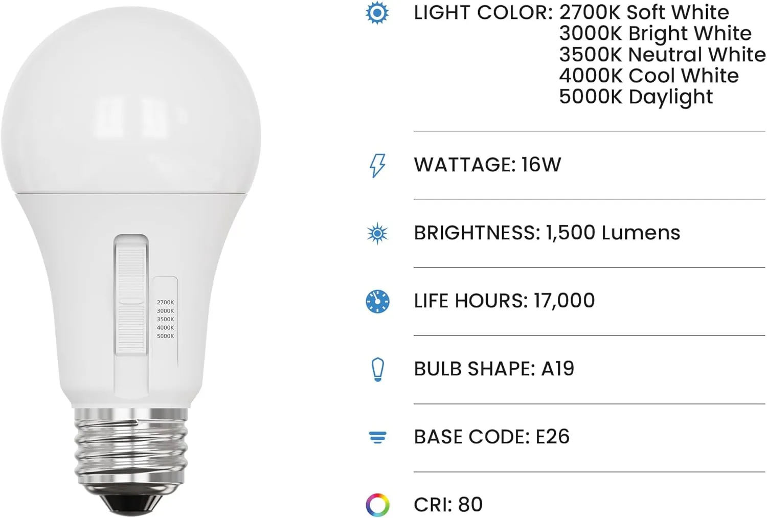 Feit Electric A19 LED Light Bulb, 100W Equiv, Non-Dimmable, Selectable Color Temperatures (2700K-5000K), 1500 Lumens, General Purpose Light Bulbs, 17,000-Hour Lifetime, OM100/5CCT/15KLED/6, 6 Pack