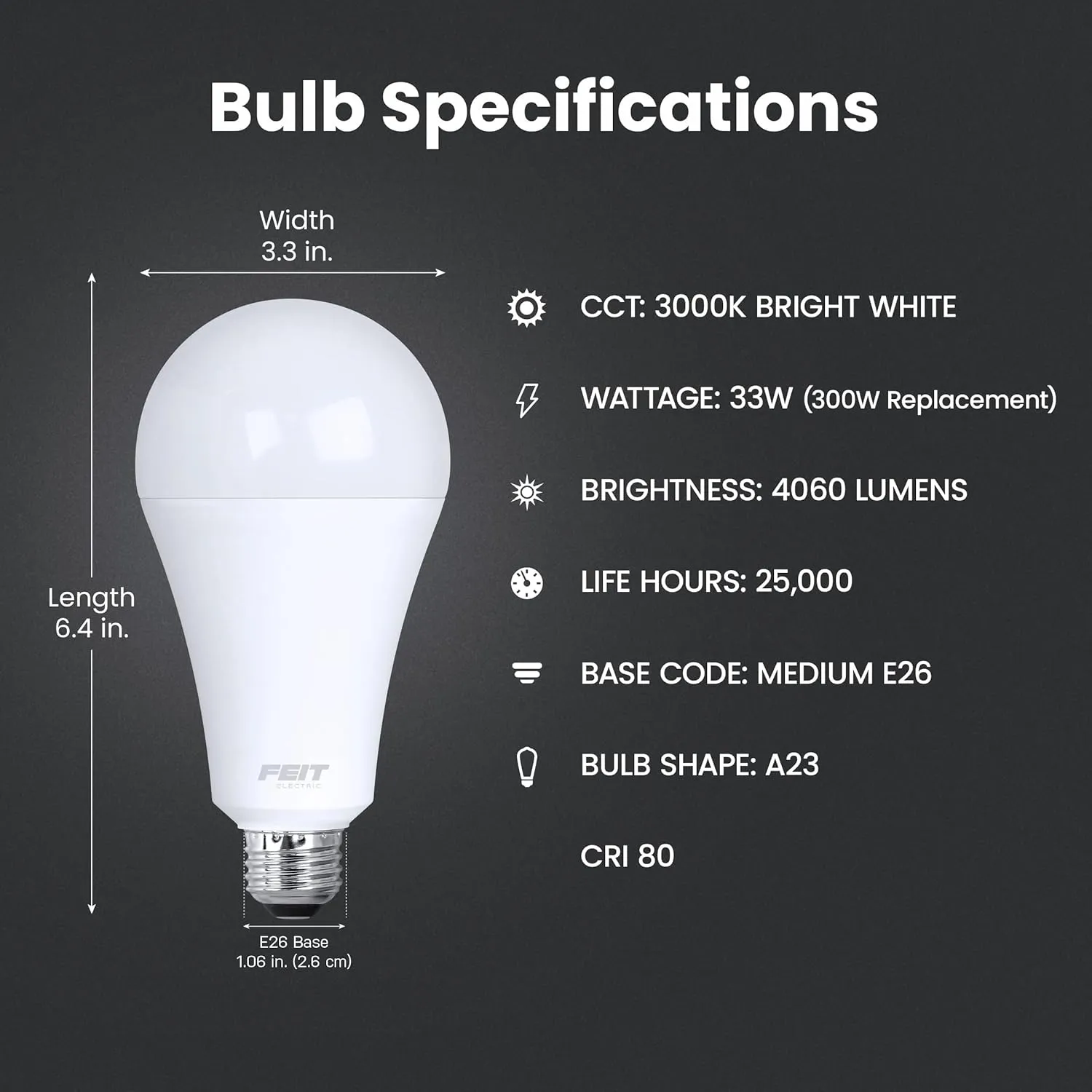 Feit Electric A23 LED Light Bulb, 300W Equivalent, Non-Dimmable, 4060 Lumens, E26 Standard Base, 3000k Soft White, High Output LED Bulb, Damp Rated, 22 Year Lifetime, OM300/830/LED