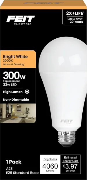Feit Electric A23 LED Light Bulb, 300W Equivalent, Non-Dimmable, 4060 Lumens, E26 Standard Base, 3000k Soft White, High Output LED Bulb, Damp Rated, 22 Year Lifetime, OM300/830/LED