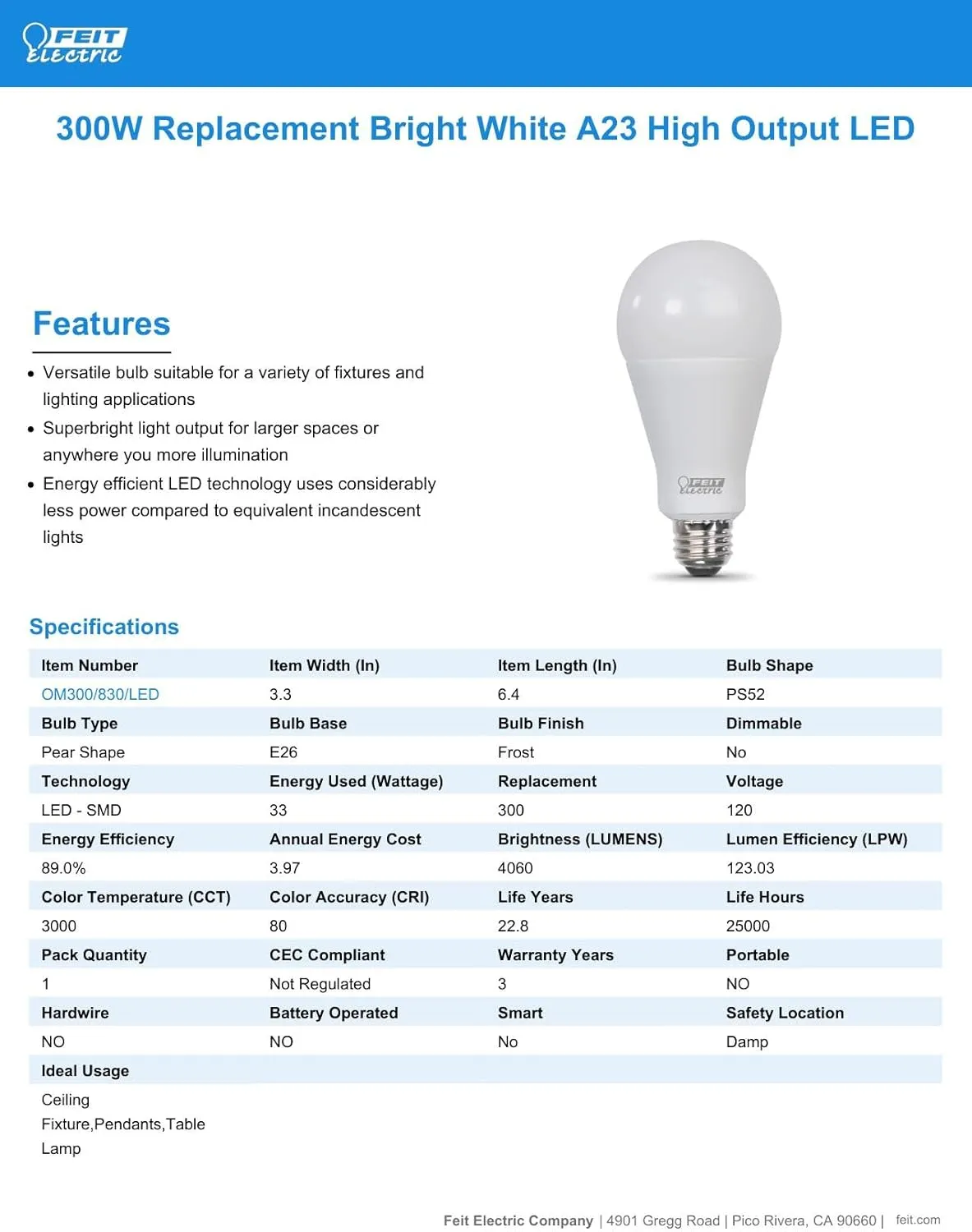 Feit Electric A23 LED Light Bulb, 300W Equivalent, Non-Dimmable, 4060 Lumens, E26 Standard Base, 3000k Soft White, High Output LED Bulb, Damp Rated, 22 Year Lifetime, OM300/830/LED