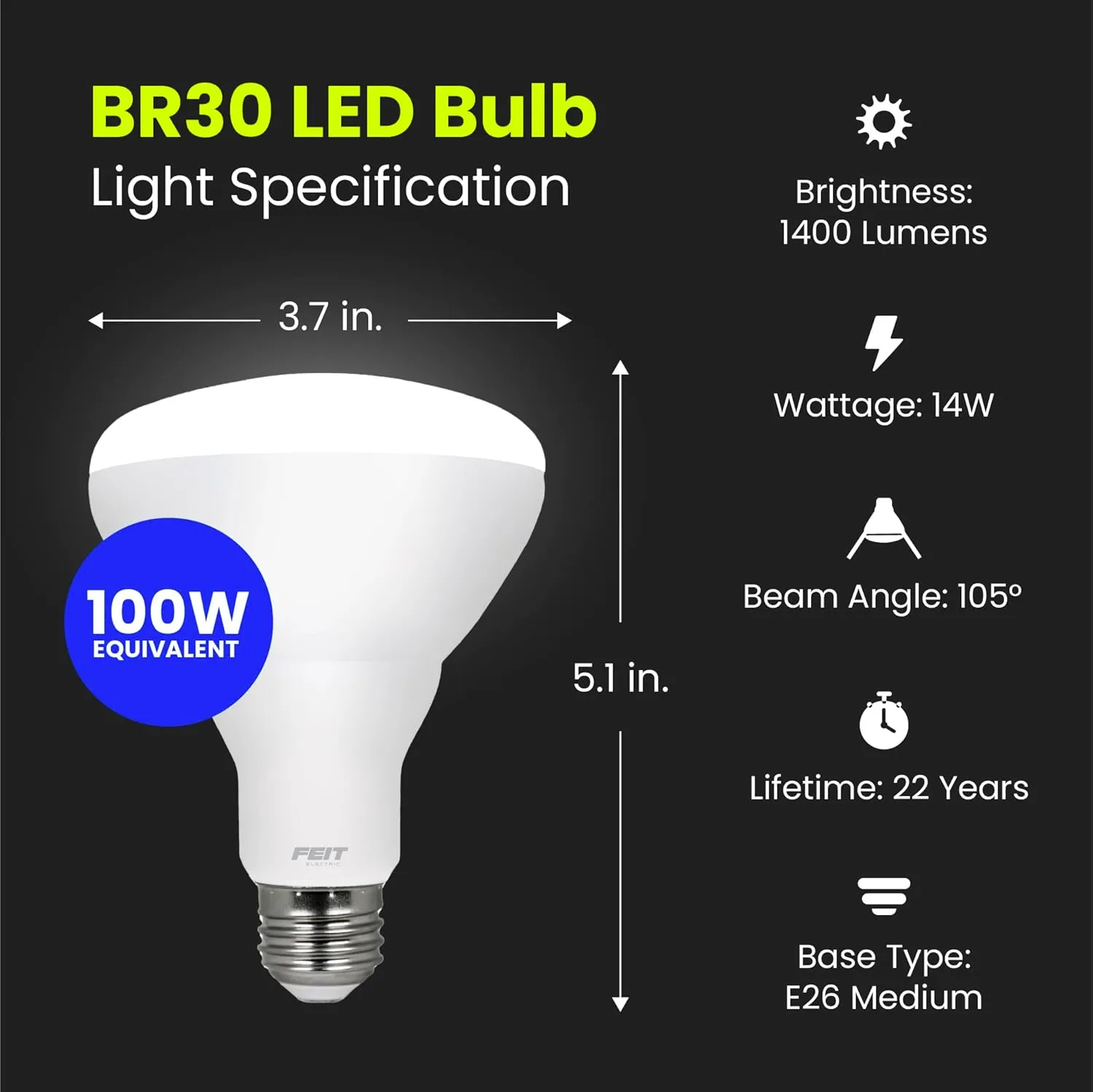 Feit Electric BR30 LED Light Bulb, 100W Equivalent, Dimmable, 1400 Lumens, E26 Standard Base, 5000K Daylight, 90 CRI, Flood Light Bulb for Recessed Cans, 22-Year Lifetime, BR30DM/1400/950CA/4, 4 Pack