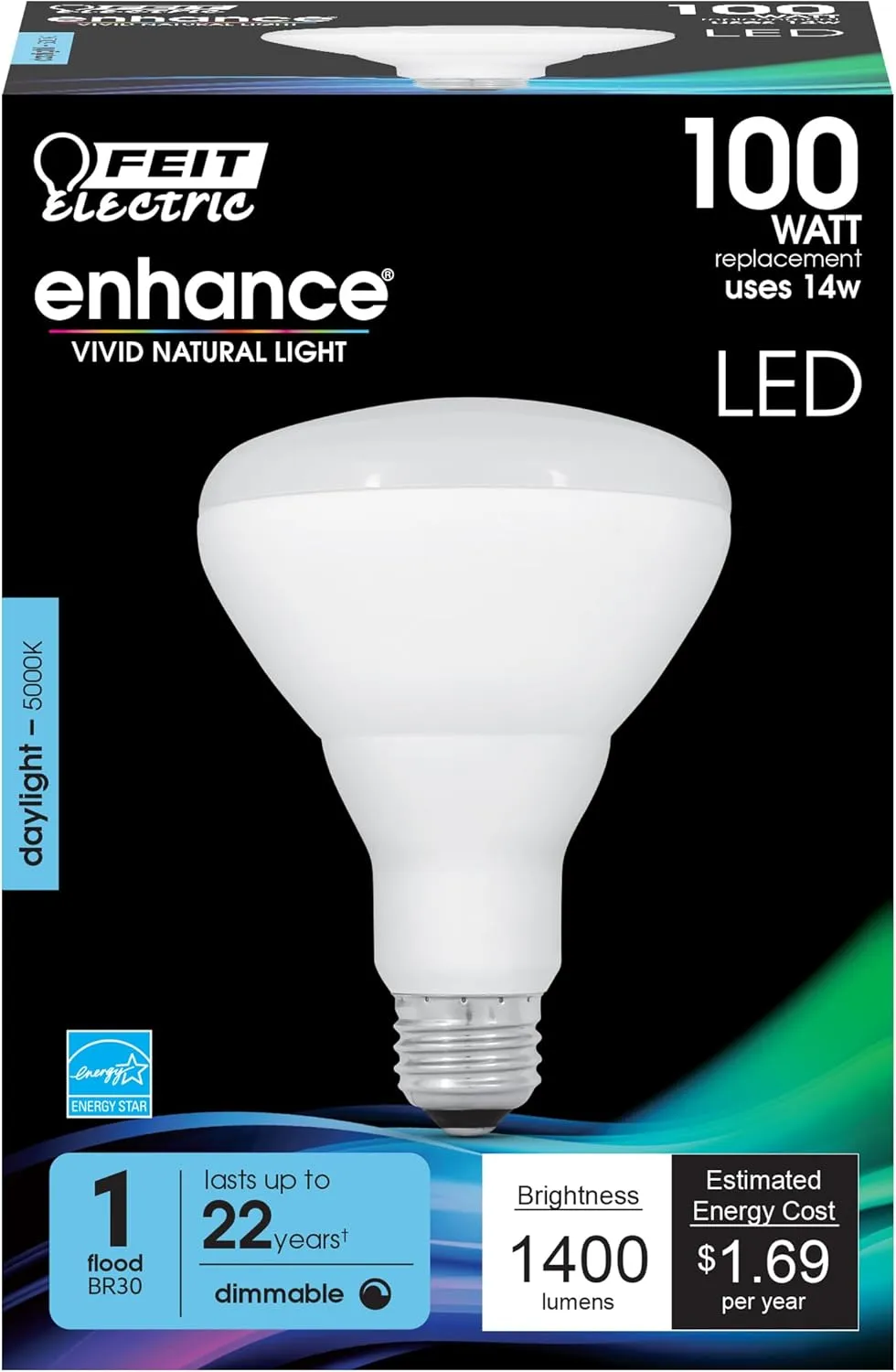 Feit Electric BR30 LED Light Bulb, 100W Equivalent, Dimmable, 1400 Lumens, E26 Standard Base, 5000K Daylight, 90 CRI, Flood Light Bulb for Recessed Cans, 22-Year Lifetime, BR30DM/1400/950CA/4, 4 Pack