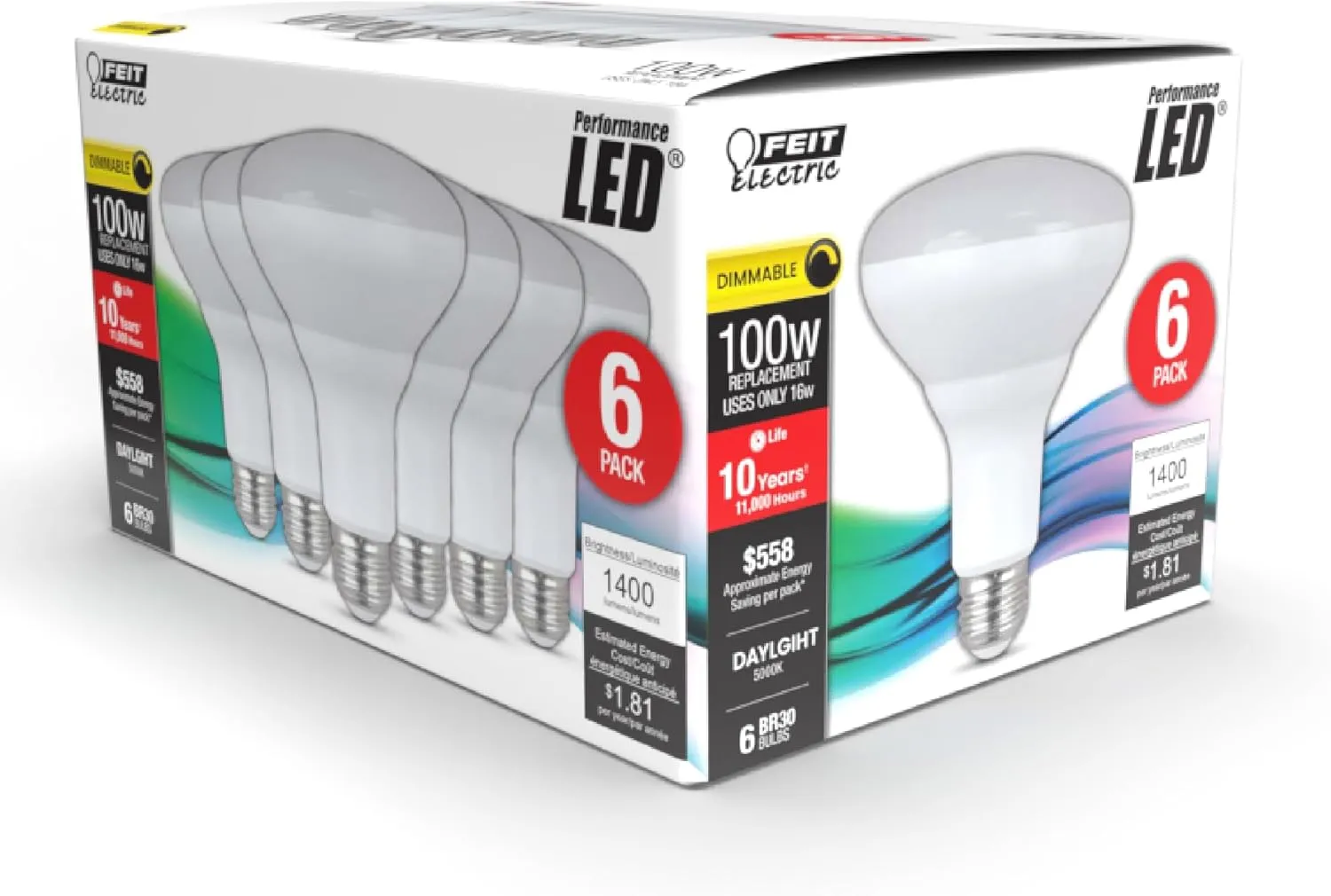 Feit Electric BR30 LED Light Bulbs, 100W Equivalent, Dimmable, E26 Standard Base, 80 CRI, 1400 Lumens, 5000K Daylight, 120V, 10 Years Lifetime, Damp Rated, 6 Pack, 100BR30DM85010KLED/6