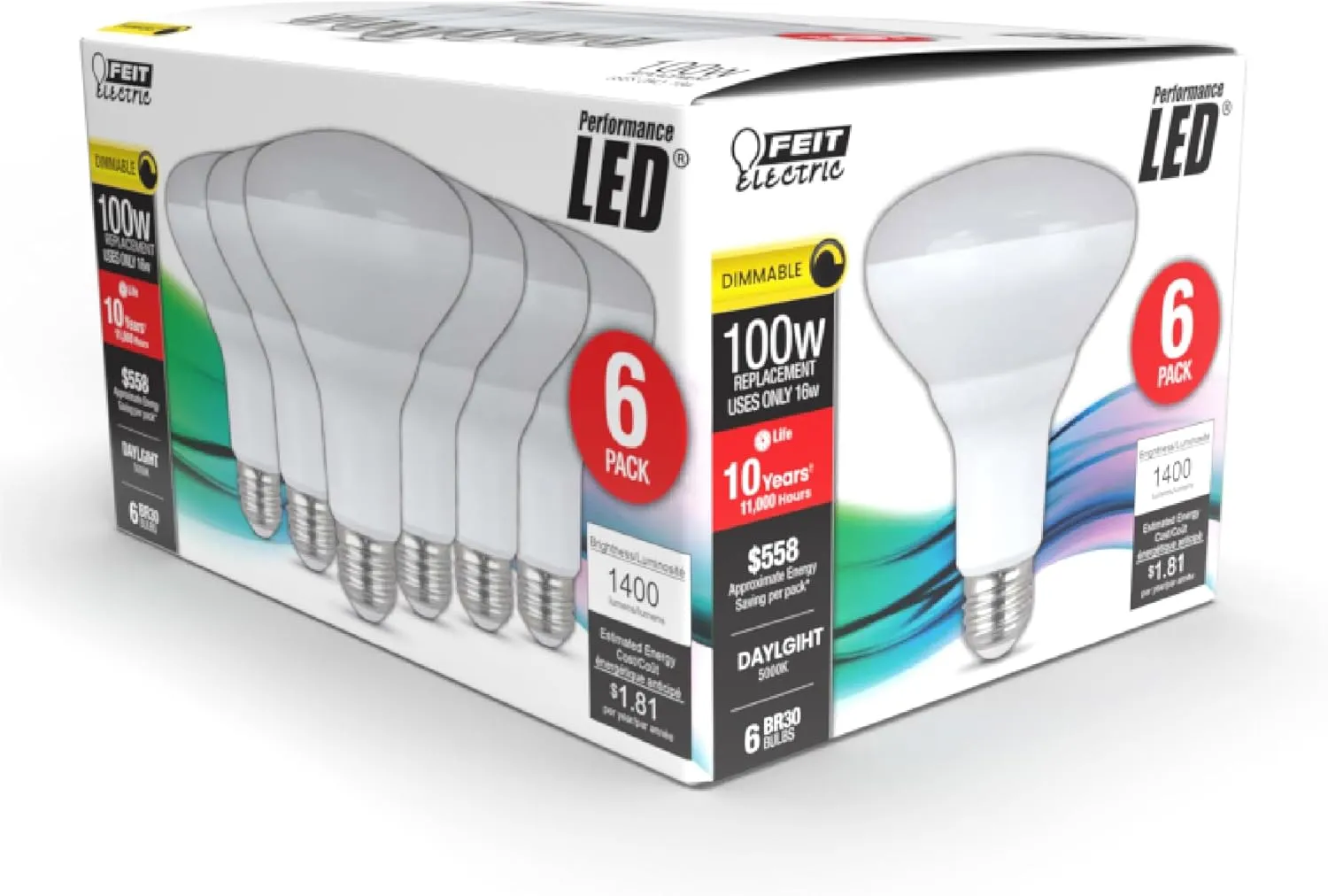 Feit Electric LED BR30 Light Bulbs, 65W Equivalent, Dimmable, 10 Year Life, 650 Lumens, 5000k Daylight, E26 Base Recessed Can Light Bulbs, Flood Light Bulbs, Damp Rated, 6 Pack, BR30DM/850/10KLED/6