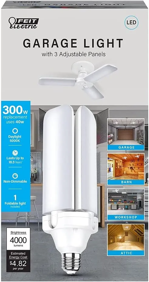 Feit Electric LED Garage Light, 3 Panel Adjustable Screw-in LED Shop Light Bulb, E26 Base, 4000 Lumens, Non-Dimmable, 5000k Daylight, Garage Ceiling Light, White, ADJ4000/5K/LED