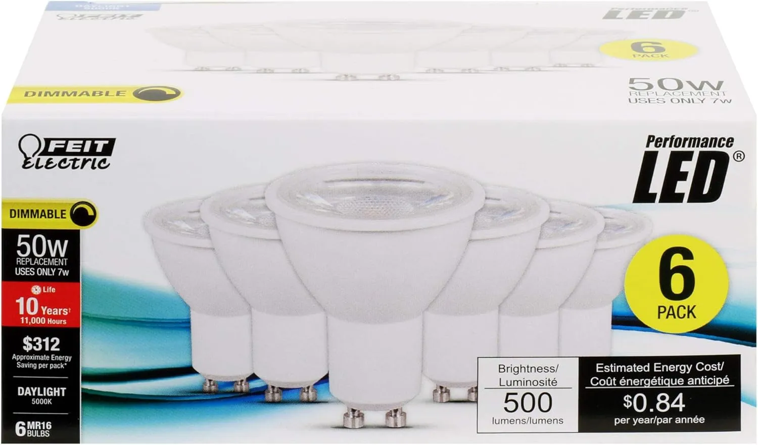 Feit Electric LED MR16 Track Light Bulb, 50W Equivalent, Dimmable, Recessed Lighting Bulb, GU10 Base, CRI 80, 500 Lumens, 5000K Daylight, 11,000-Hour Lifetime, MR16GU105005K10KLED6, 6-Pack