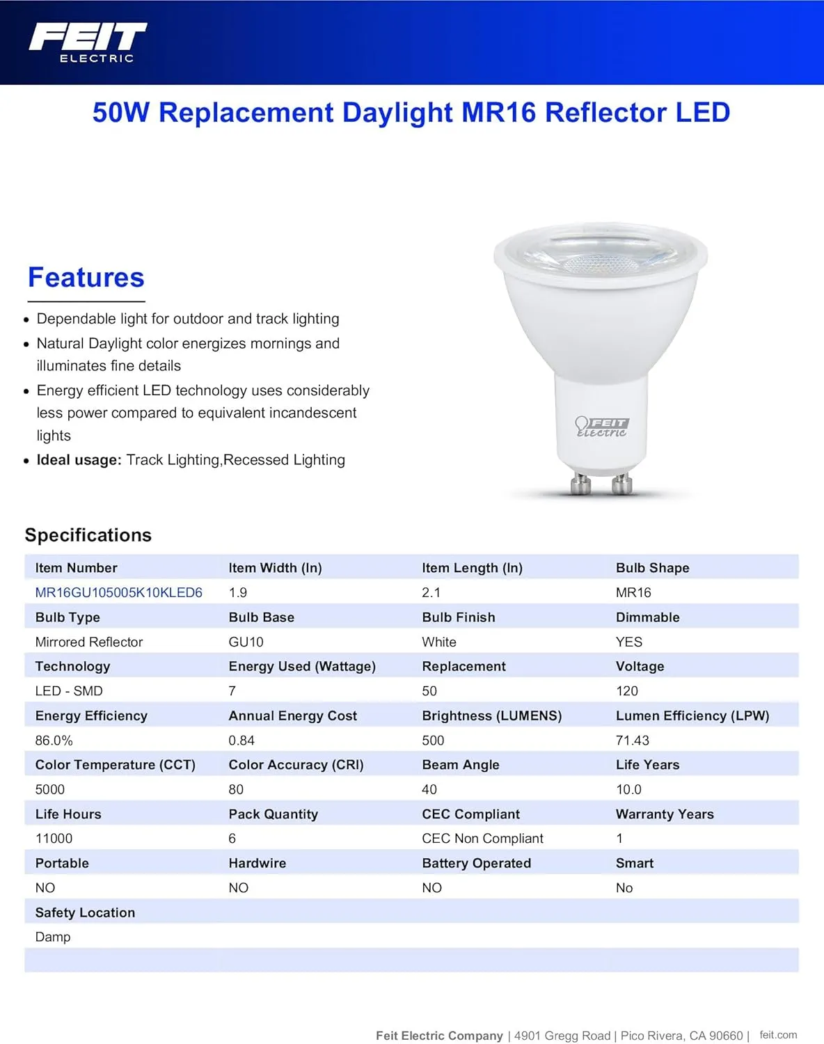 Feit Electric LED MR16 Track Light Bulb, 50W Equivalent, Dimmable, Recessed Lighting Bulb, GU10 Base, CRI 80, 500 Lumens, 5000K Daylight, 11,000-Hour Lifetime, MR16GU105005K10KLED6, 6-Pack