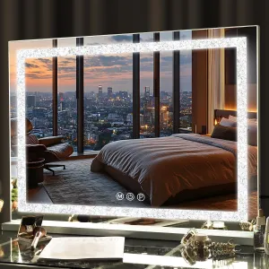 Fenair Vanity Mirror with Crushed Diamond Lights Strip 31.5" x 22.8" Lighted Hollywood Makeup Mirror with Tempered Glass, USB Charging Port, 3 Colors Modes, Dimmable Light and 10X Magnification Mirror