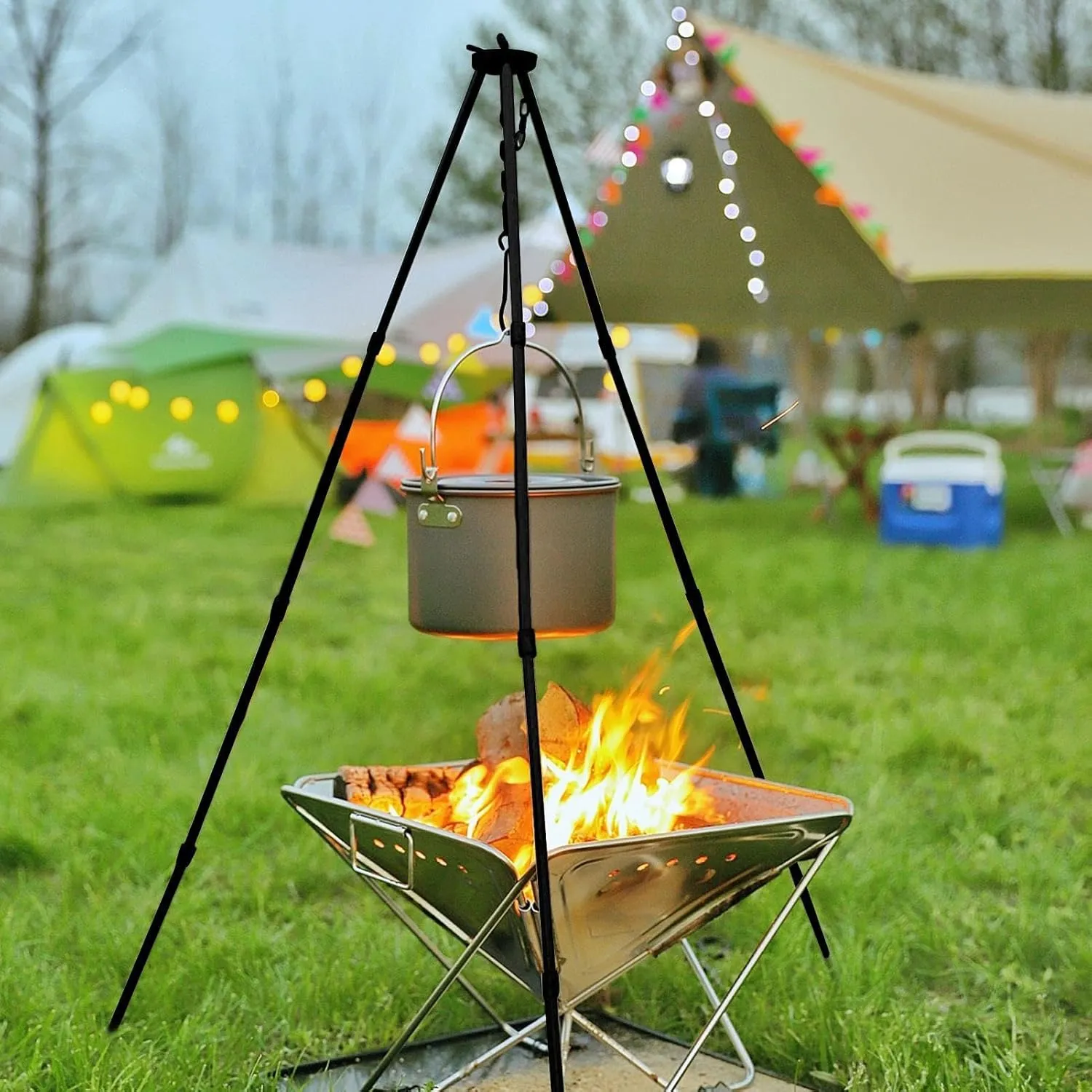 Fire Camp Tripod Stand Cooking Tripod Stand Cooking Tripod Stand Cooking Tripod | Adjustable Hanging Chain for Cooking Around Campfire, Aluminum Alloy