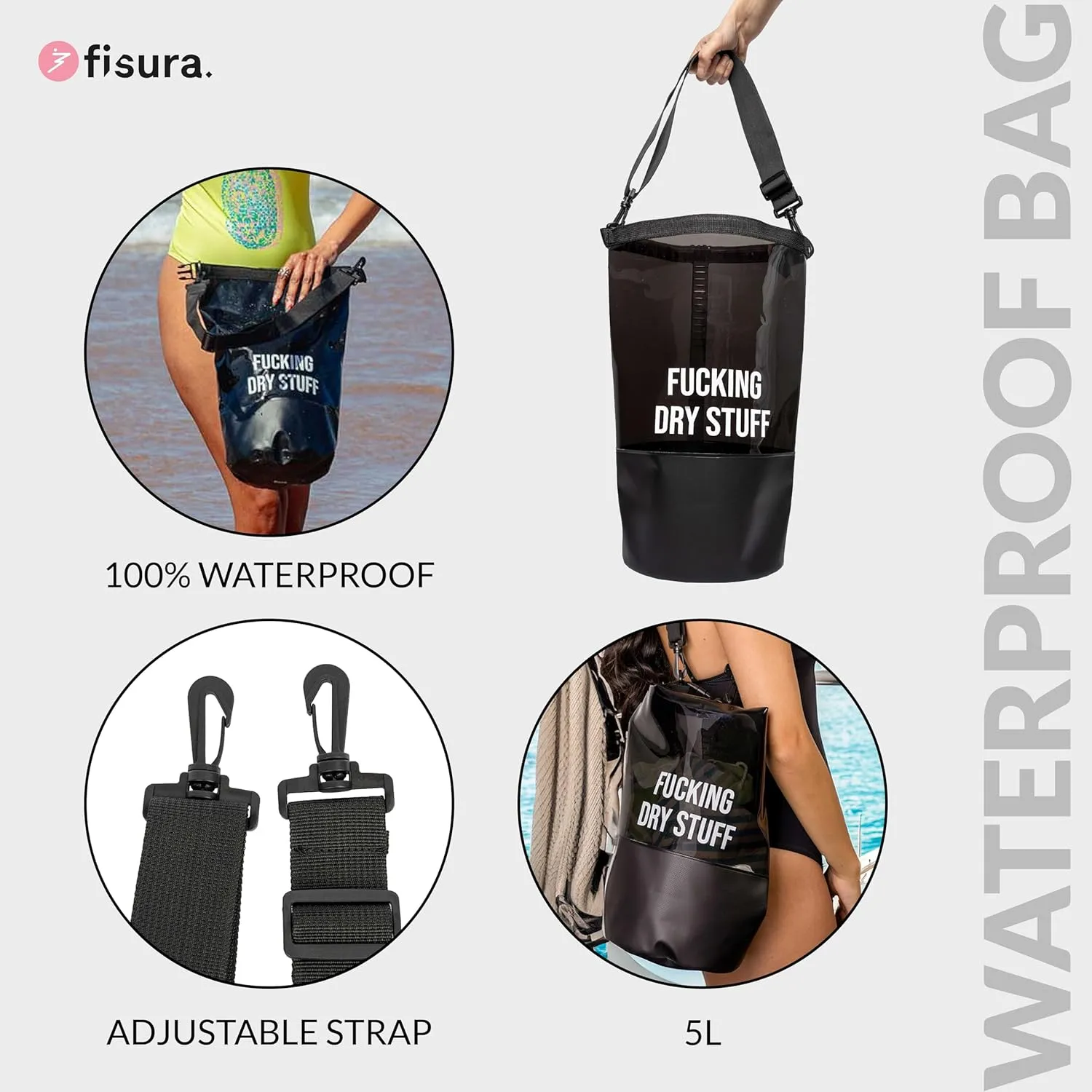 Fisura Waterproof Dry Bag 5 Litres Blue Dry Bag with Roll Up Closure and Shoulder Strap. 29 x 41.5 cm
