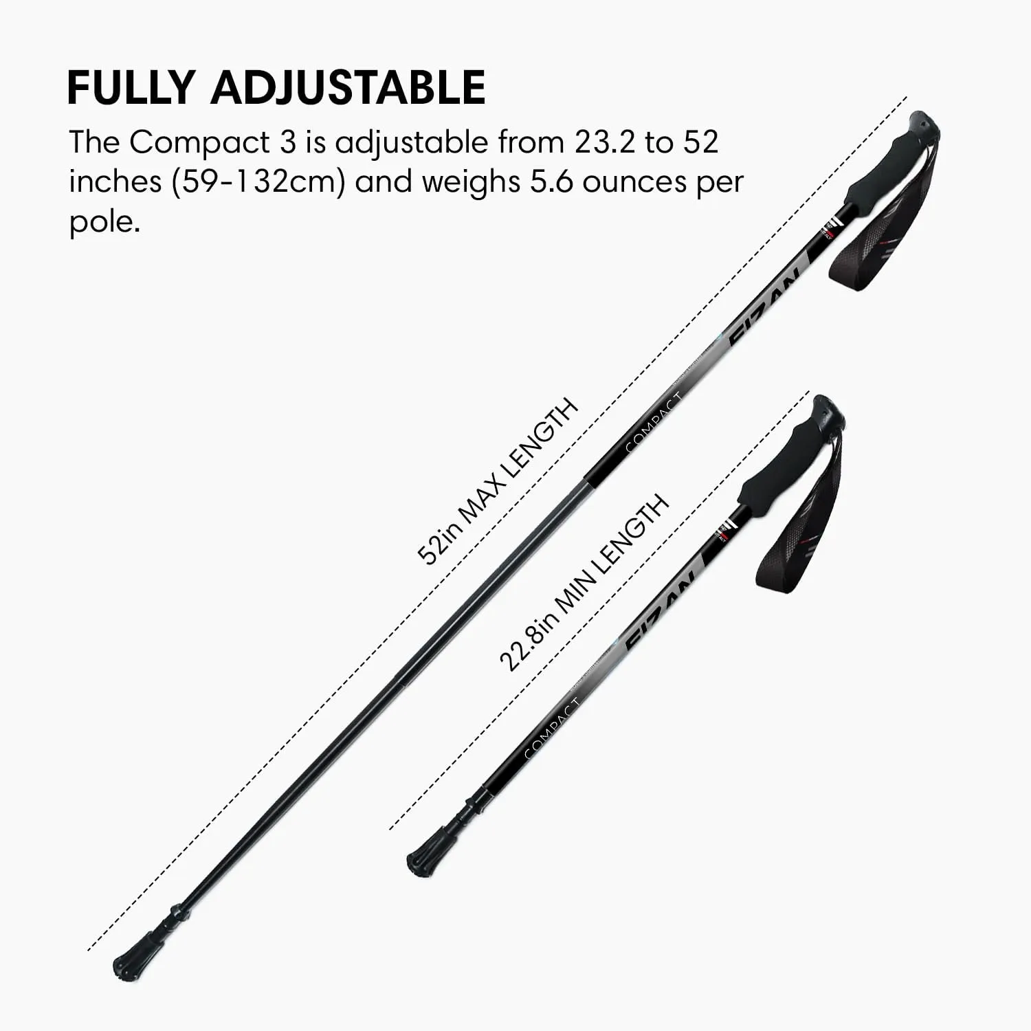 Fizan Compact 3 Trekking Poles – 5.6 oz Ultralight, Backpacking, Thru Hiking Poles, Adjustable, Collapsible, Customized Fit, EVA Grips, Aluminum Walking Sticks (Compact 3)