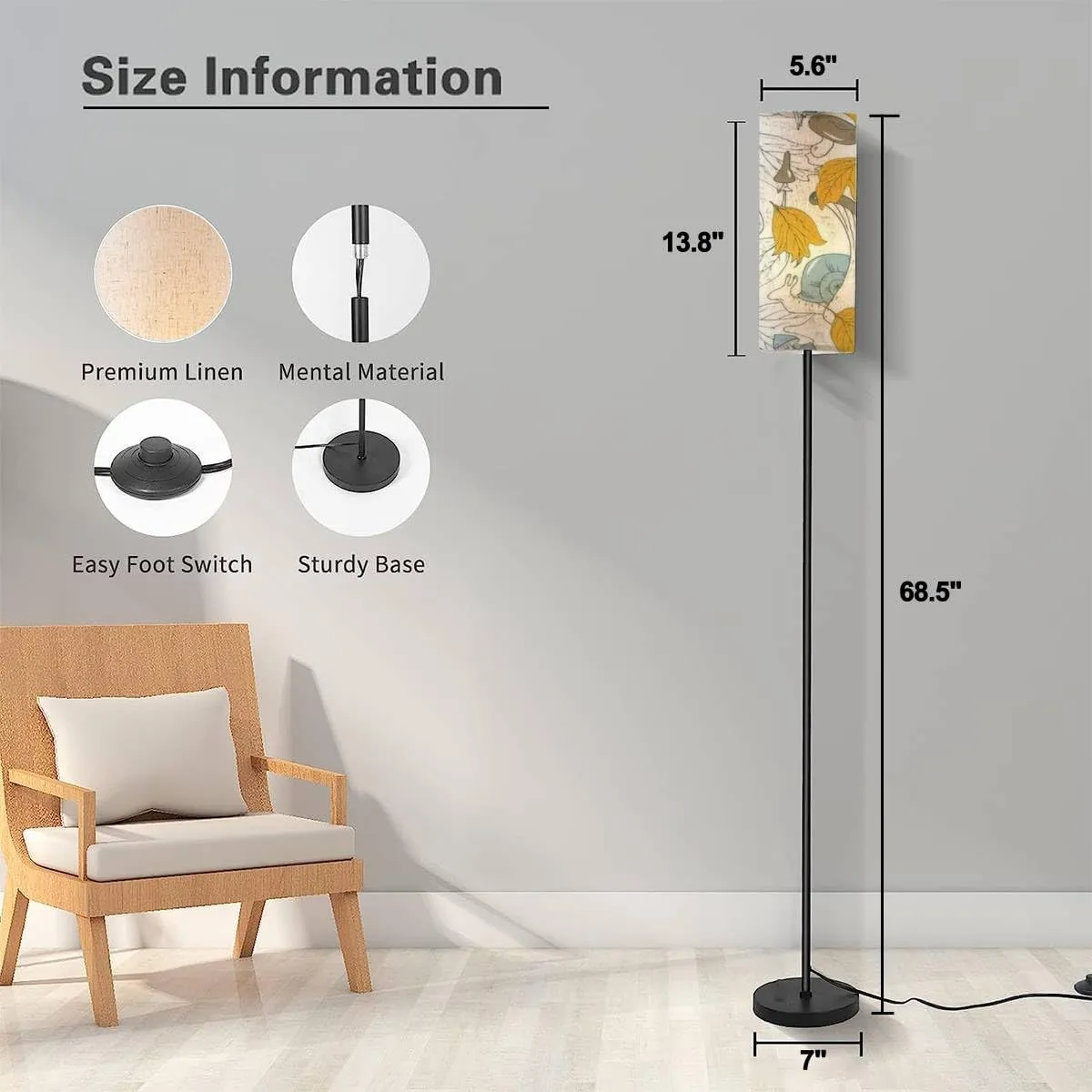 Floor Lamp for Living Room Mushrooms Butterflies Autumn Leaves Autumn Forest Seamless Modern Standing Lamp Remote Control Dimmable Pole Lamp Corner Tall Lamp for Office Bedroom Reading