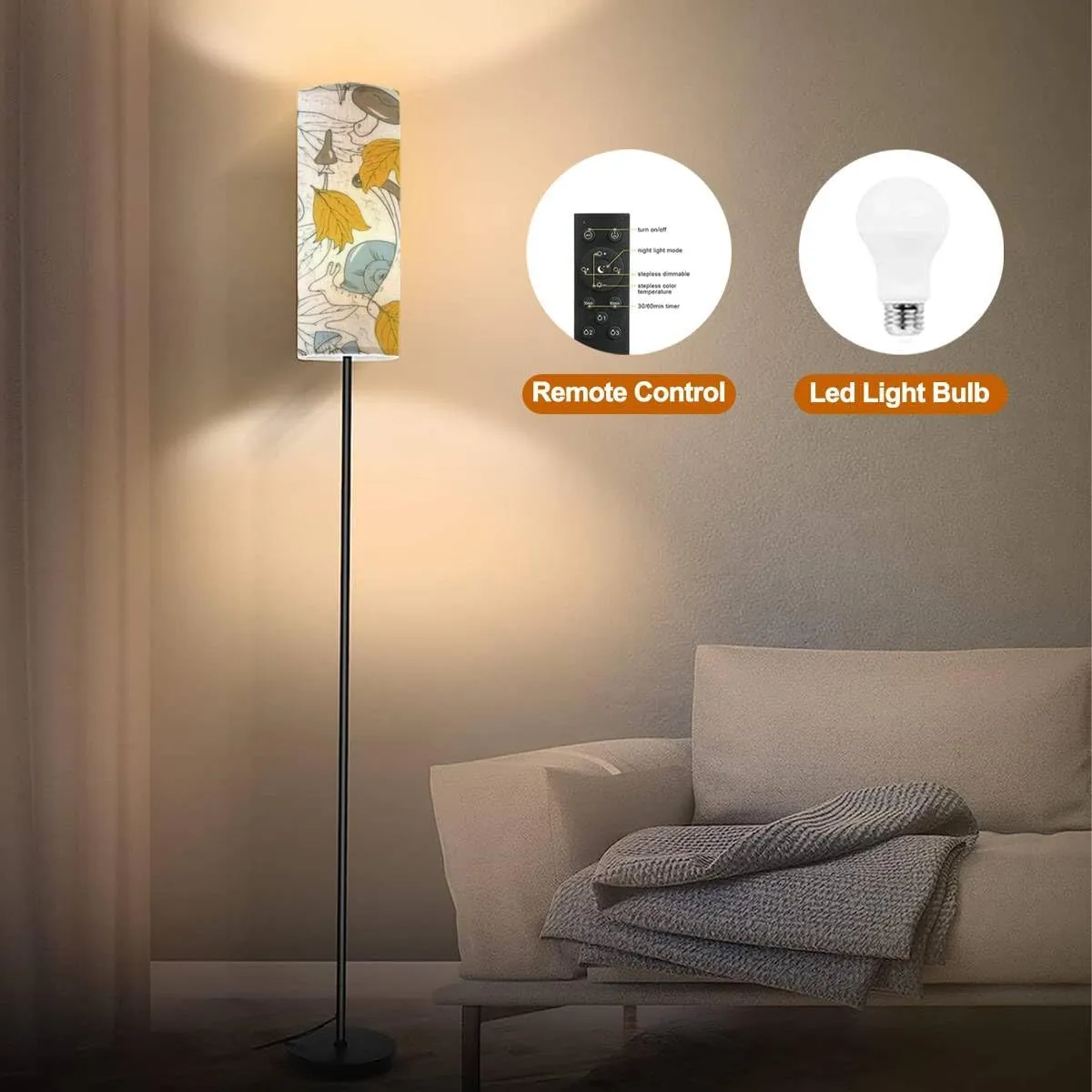 Floor Lamp for Living Room Mushrooms Butterflies Autumn Leaves Autumn Forest Seamless Modern Standing Lamp Remote Control Dimmable Pole Lamp Corner Tall Lamp for Office Bedroom Reading