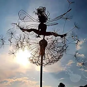 Flower Fairy Dancing with Dandelion, Fairy Garden Sculptures, Angel Metal Ornaments Gardens Art Sculpture, Stainless Steel Statue Garden Ornaments Art Decorations for Outdoor Yard Lawn Patio (H_Flat)
