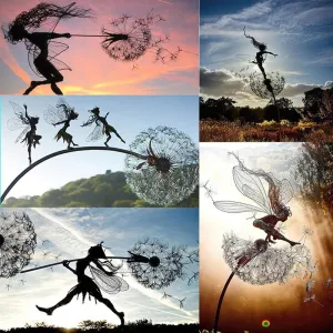 Flower Fairy Dancing with Dandelion Garden Art Sculpture Stainless Steel Statue Christmas Halloween Decoration for Outdoor Yard Courtyard Lawn Patio Metal Ornaments (Wave)