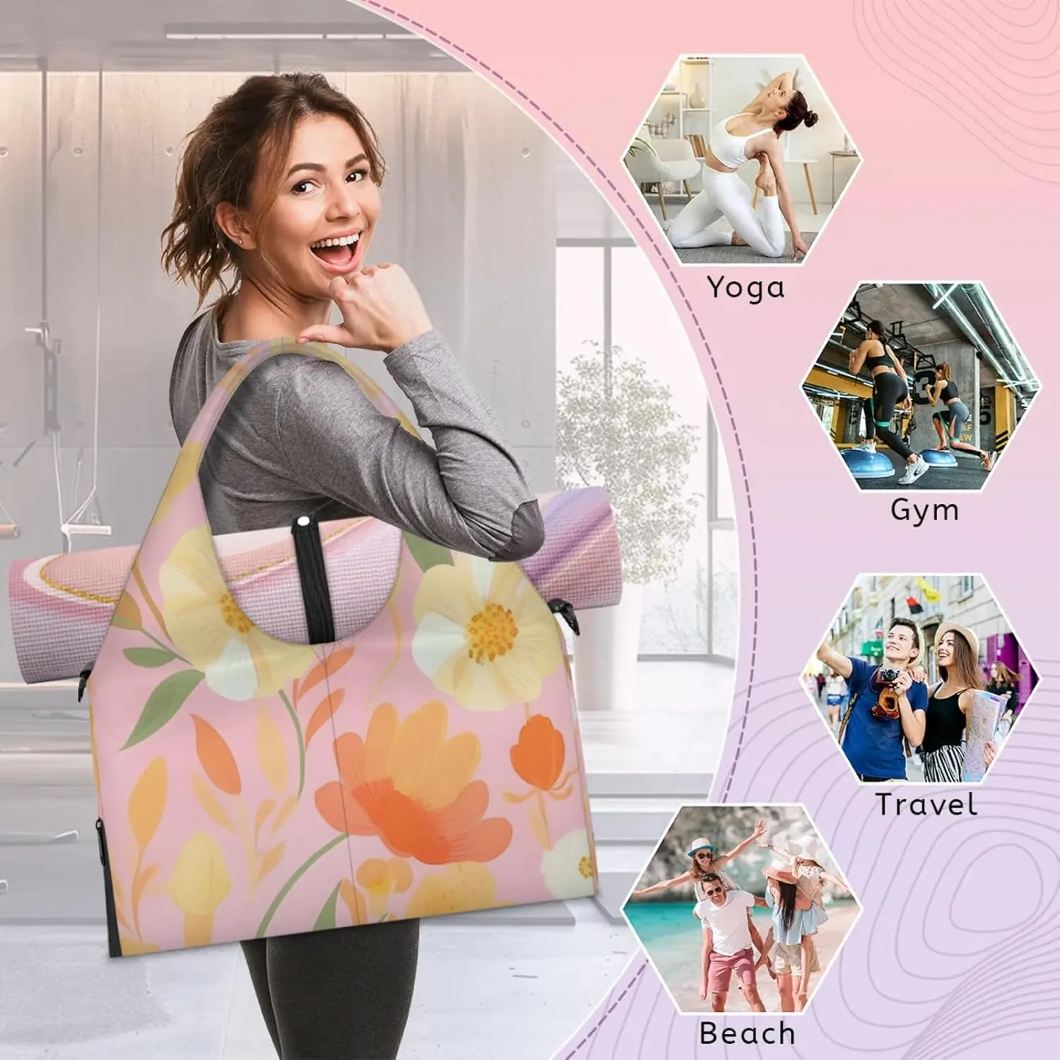 Flower Pattern Paper Gym Bag Yoga Mat Tote for Women with Shoes Compartment Lightweight Duffle Travel Carrier Wet Dry Storage Pockets Adjustable Pilates Mats Shoulder Bags for Sport Swim