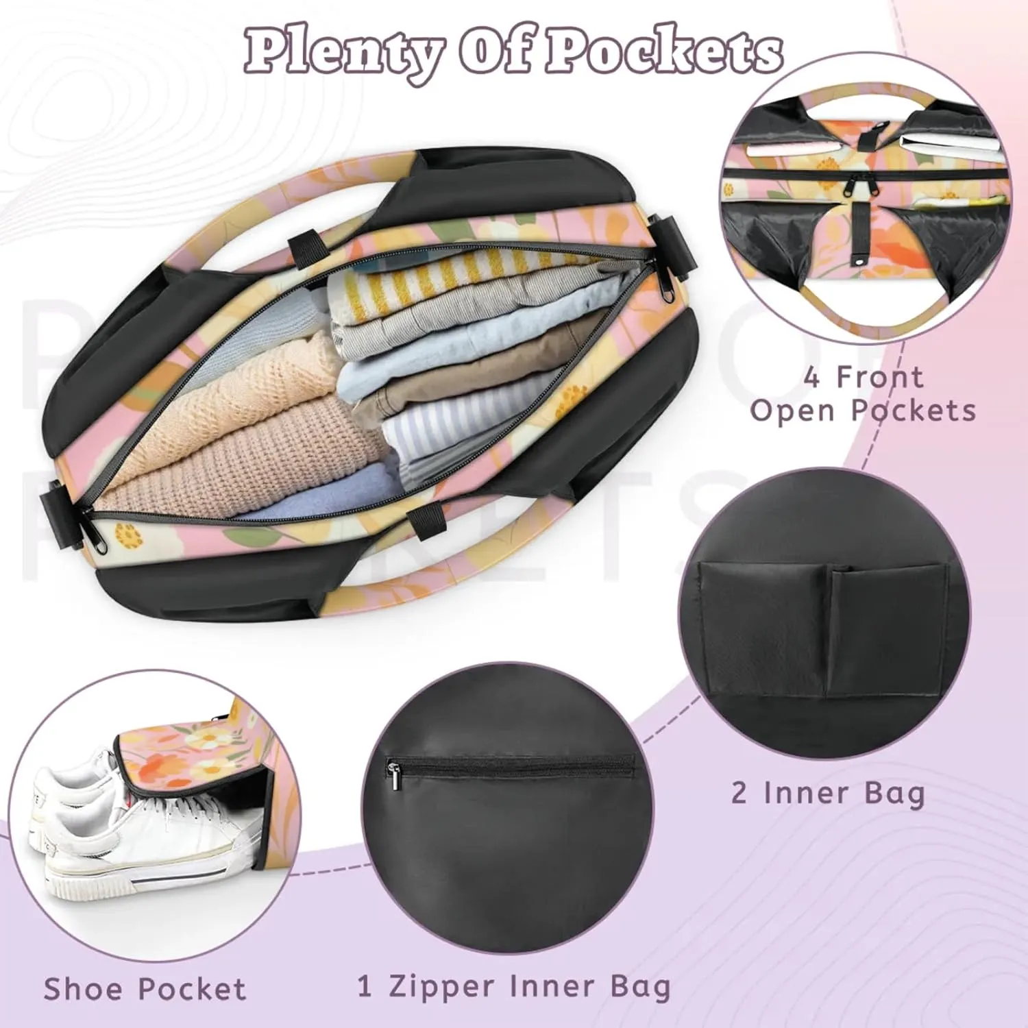 Flower Pattern Paper Gym Bag Yoga Mat Tote for Women with Shoes Compartment Lightweight Duffle Travel Carrier Wet Dry Storage Pockets Adjustable Pilates Mats Shoulder Bags for Sport Swim