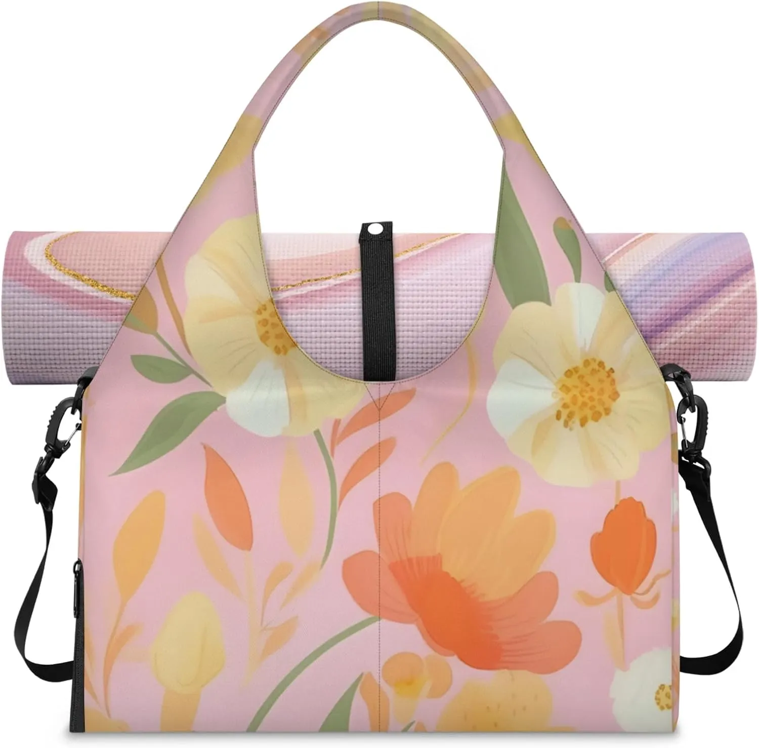 Flower Pattern Paper Gym Bag Yoga Mat Tote for Women with Shoes Compartment Lightweight Duffle Travel Carrier Wet Dry Storage Pockets Adjustable Pilates Mats Shoulder Bags for Sport Swim