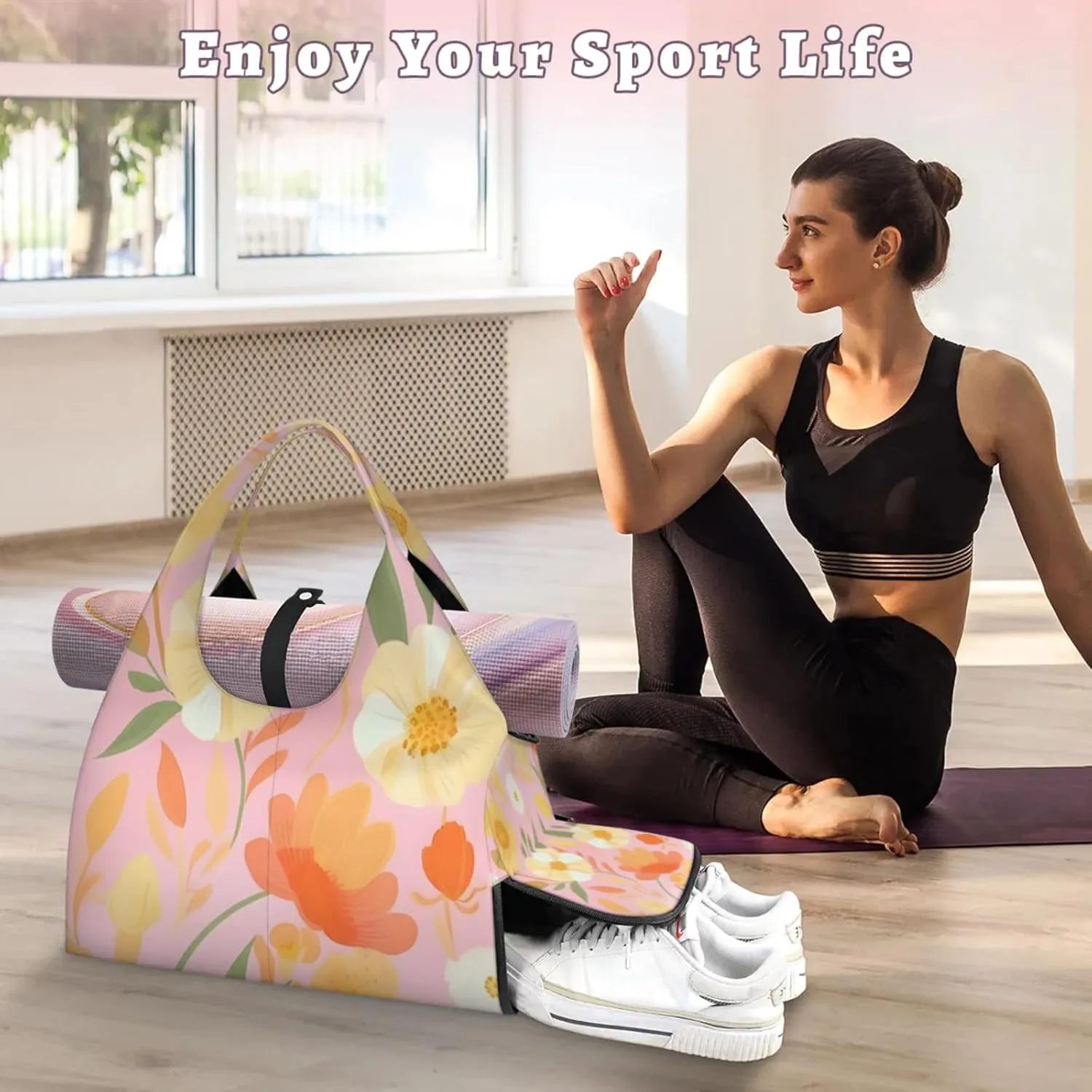 Flower Pattern Paper Gym Bag Yoga Mat Tote for Women with Shoes Compartment Lightweight Duffle Travel Carrier Wet Dry Storage Pockets Adjustable Pilates Mats Shoulder Bags for Sport Swim