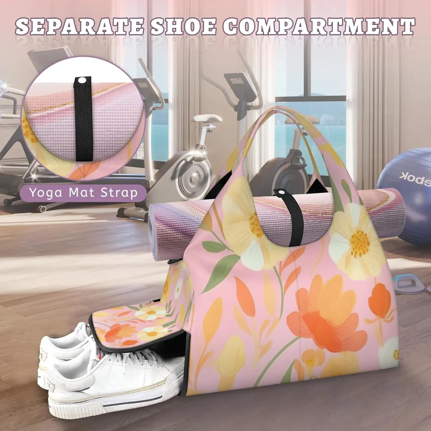 Flower Pattern Paper Gym Bag Yoga Mat Tote for Women with Shoes Compartment Lightweight Duffle Travel Carrier Wet Dry Storage Pockets Adjustable Pilates Mats Shoulder Bags for Sport Swim