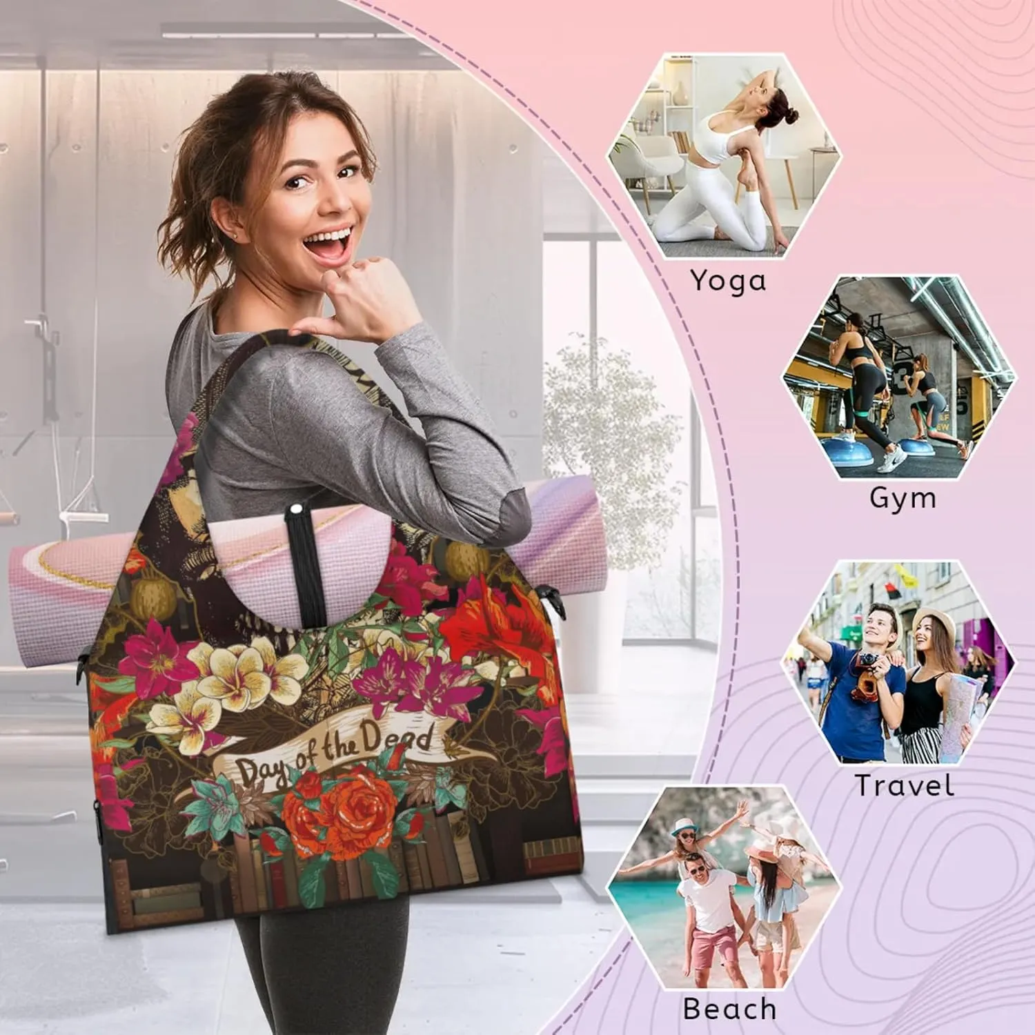 Flowers Skull Paper Gym Bag Yoga Mat Tote for Women with Shoes Compartment Lightweight Duffle Travel Carrier Wet Dry Storage Pockets Adjustable Pilates Mats Shoulder Bags for Sport Swim