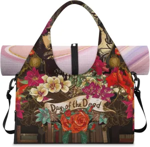 Flowers Skull Paper Gym Bag Yoga Mat Tote for Women with Shoes Compartment Lightweight Duffle Travel Carrier Wet Dry Storage Pockets Adjustable Pilates Mats Shoulder Bags for Sport Swim