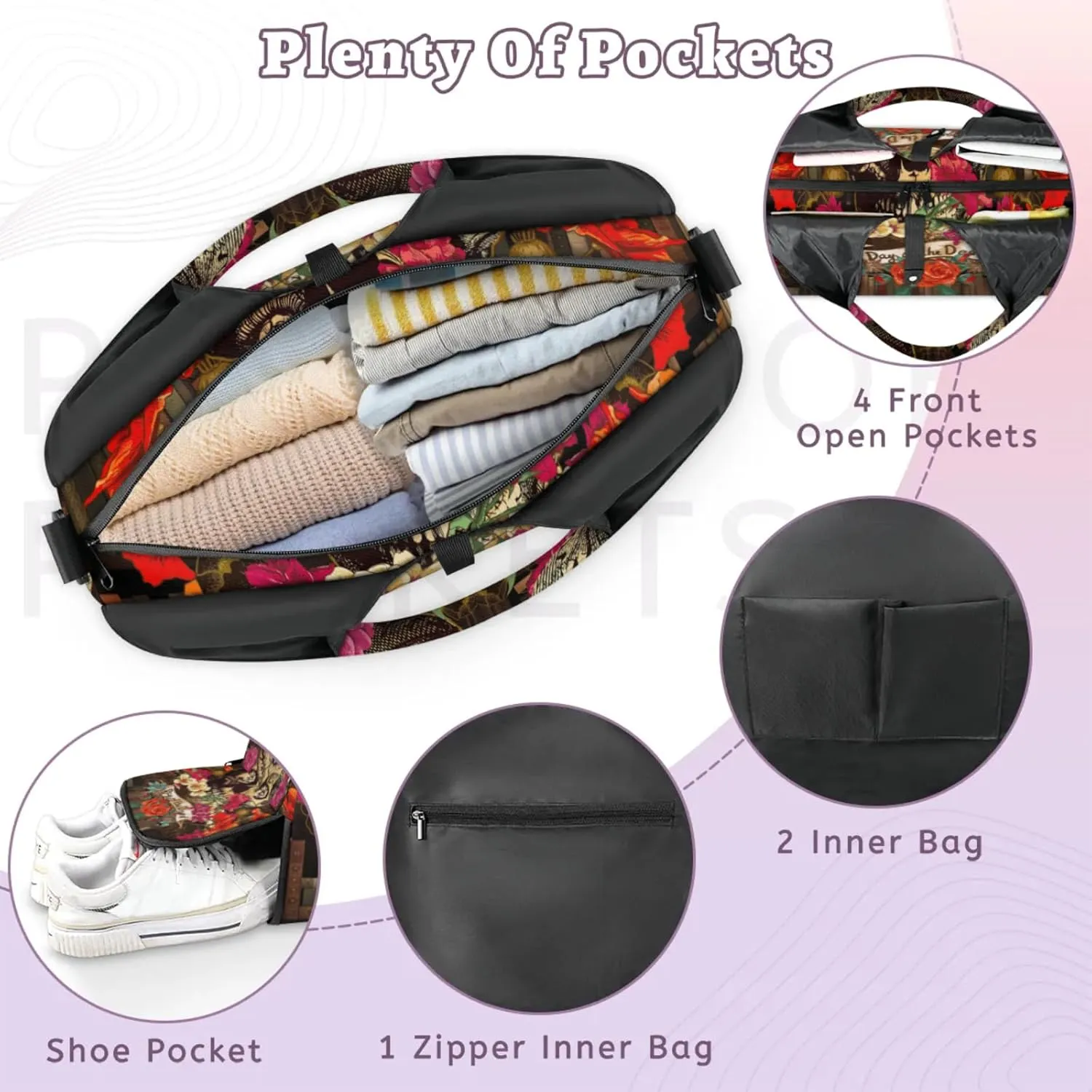 Flowers Skull Paper Gym Bag Yoga Mat Tote for Women with Shoes Compartment Lightweight Duffle Travel Carrier Wet Dry Storage Pockets Adjustable Pilates Mats Shoulder Bags for Sport Swim