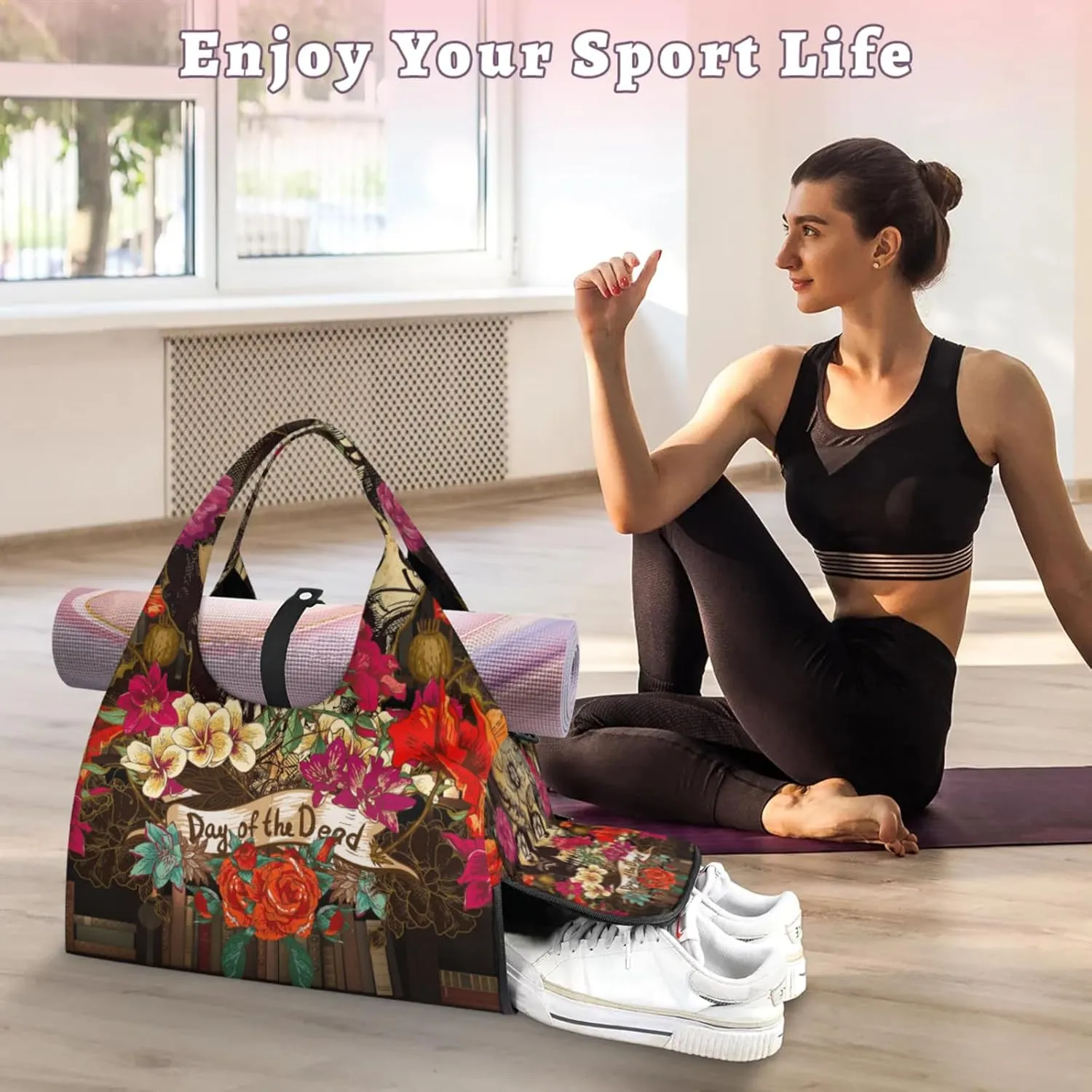 Flowers Skull Paper Gym Bag Yoga Mat Tote for Women with Shoes Compartment Lightweight Duffle Travel Carrier Wet Dry Storage Pockets Adjustable Pilates Mats Shoulder Bags for Sport Swim