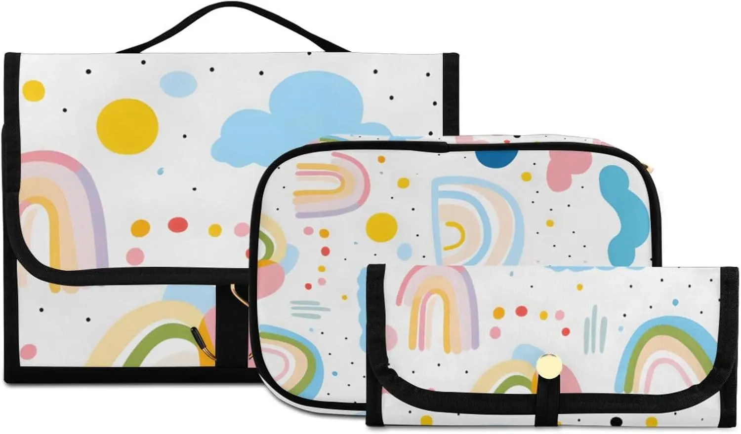 Foldable Hanging Travel Toiletry Organizer Set 3-Piece with Cosmetic Bag & Brush Holder - Cute Illustration Cloud Rainbow