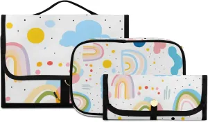 Foldable Hanging Travel Toiletry Organizer Set 3-Piece with Cosmetic Bag & Brush Holder - Cute Illustration Cloud Rainbow