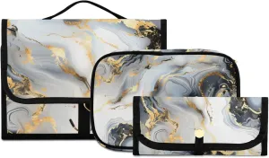 Foldable Hanging Travel Toiletry Organizer Set 3-Piece with Cosmetic Bag & Brush Holder - Marble (18)