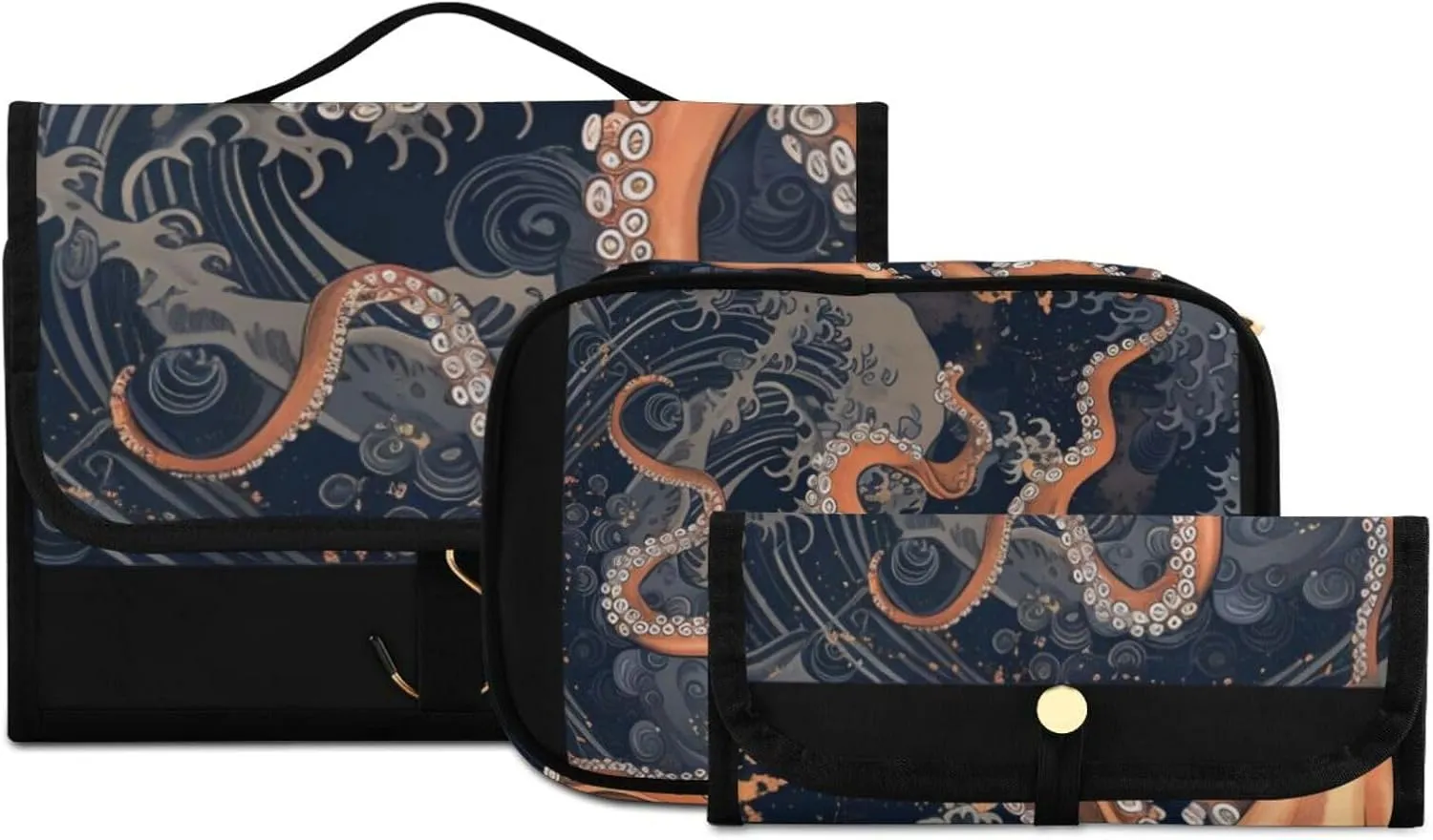 Foldable Hanging Travel Toiletry Organizer Set 3-Piece with Cosmetic Bag & Brush Holder - Octopus (1)