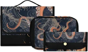 Foldable Hanging Travel Toiletry Organizer Set 3-Piece with Cosmetic Bag & Brush Holder - Octopus (1)
