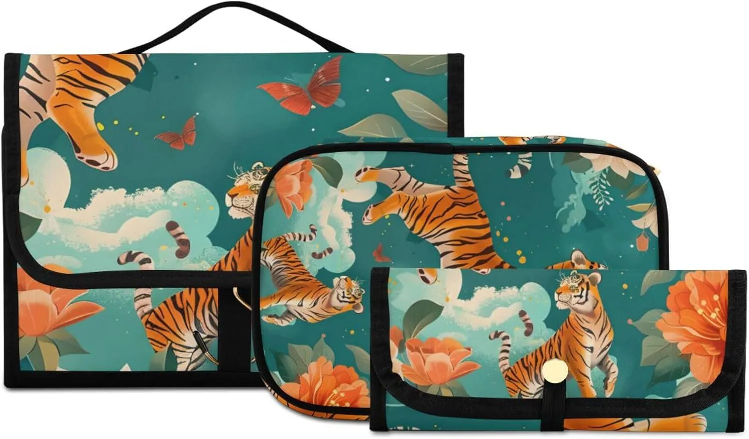 Foldable Hanging Travel Toiletry Organizer Set 3-Piece with Cosmetic Bag & Brush Holder - Tiger (12)
