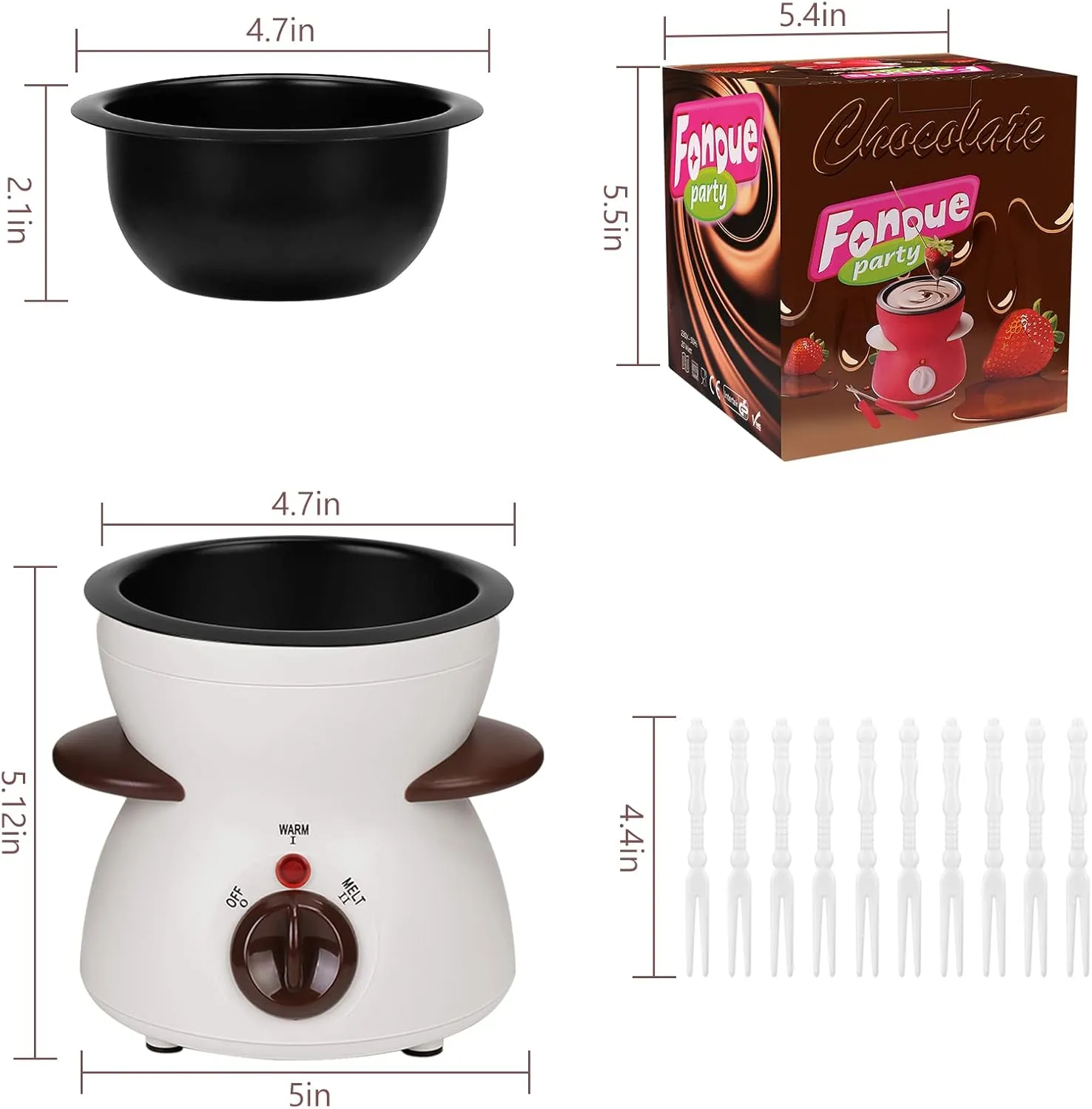 Fondue Pot Set, Mini Electric Fondue Pot Set for Melting Chocolate Cheese, Chocolate Meting Pot fondue maker Machine with Dipping Forks For Holiday Birthday Party Gift-White