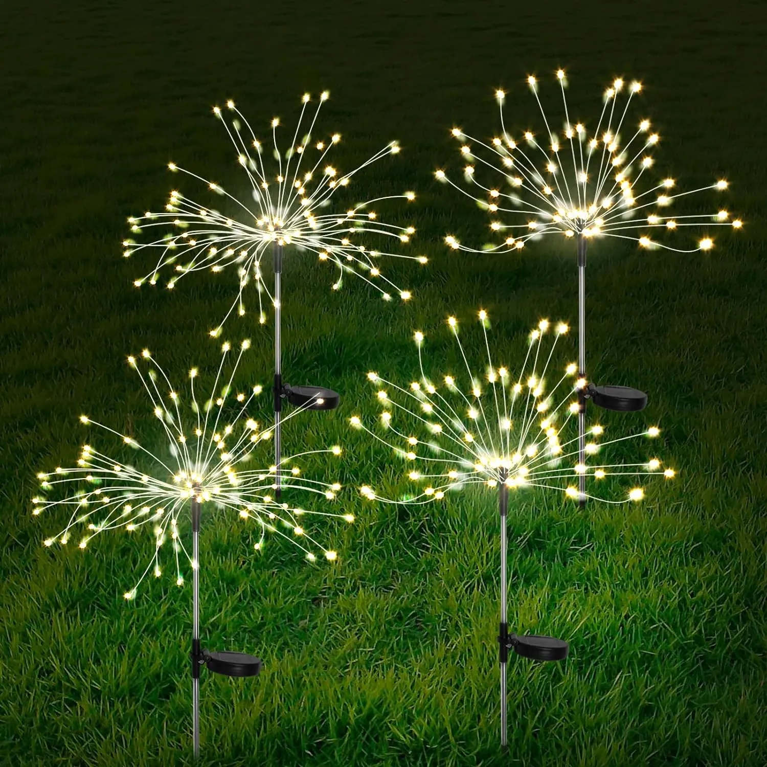 FOOING 4 Pcs Solar Garden Lights Solar Firework Lights Outdoor 480 LED Solar Powered String Light Waterproof 2 Modes Twinkling Nightlights for Garden, Wedding, Party, Patio (Warm White)