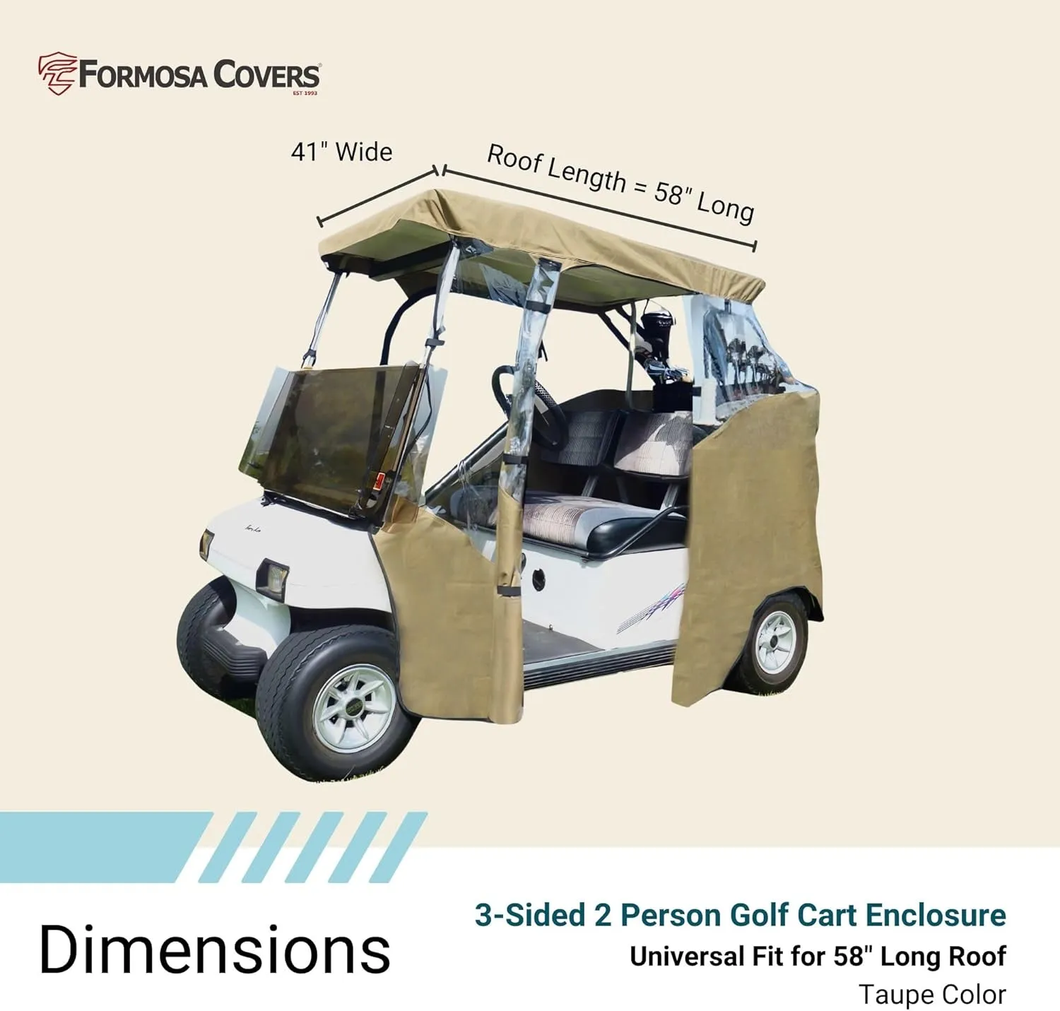 Formosa | 2 Passenger Driving Golf Cart Enclosure Golf Cart Rain Cover, Winter Cover, Insect Cover - Strong YKK Door Zipper Fits EZGO, Club Car, Onward, Yamaha Buggy Covers