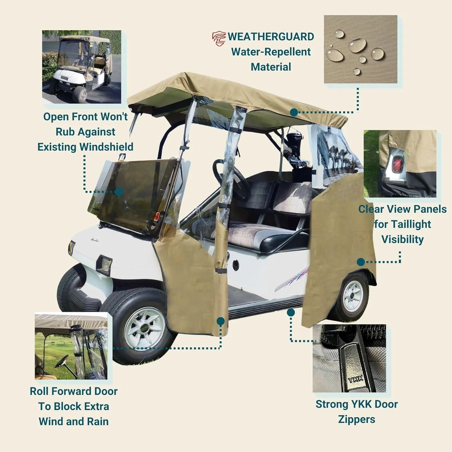 Formosa | 2 Passenger Driving Golf Cart Enclosure Golf Cart Rain Cover, Winter Cover, Insect Cover - Strong YKK Door Zipper Fits EZGO, Club Car, Onward, Yamaha Buggy Covers