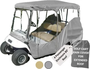 Formosa Covers 4 Passenger Golf Cart Cover Extended Roof 80" L - YKK Door Zipper - Golf Cart Rain Enclosure for Club Car, EZGo, Yamaha - Premium Tight Weave Fabric - All Weather (Grey)
