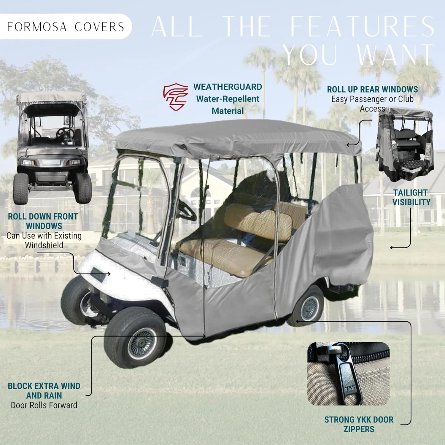 Formosa Covers 4 Passenger Golf Cart Cover Extended Roof 80" L - YKK Door Zipper - Golf Cart Rain Enclosure for Club Car, EZGo, Yamaha - Premium Tight Weave Fabric - All Weather (Grey)