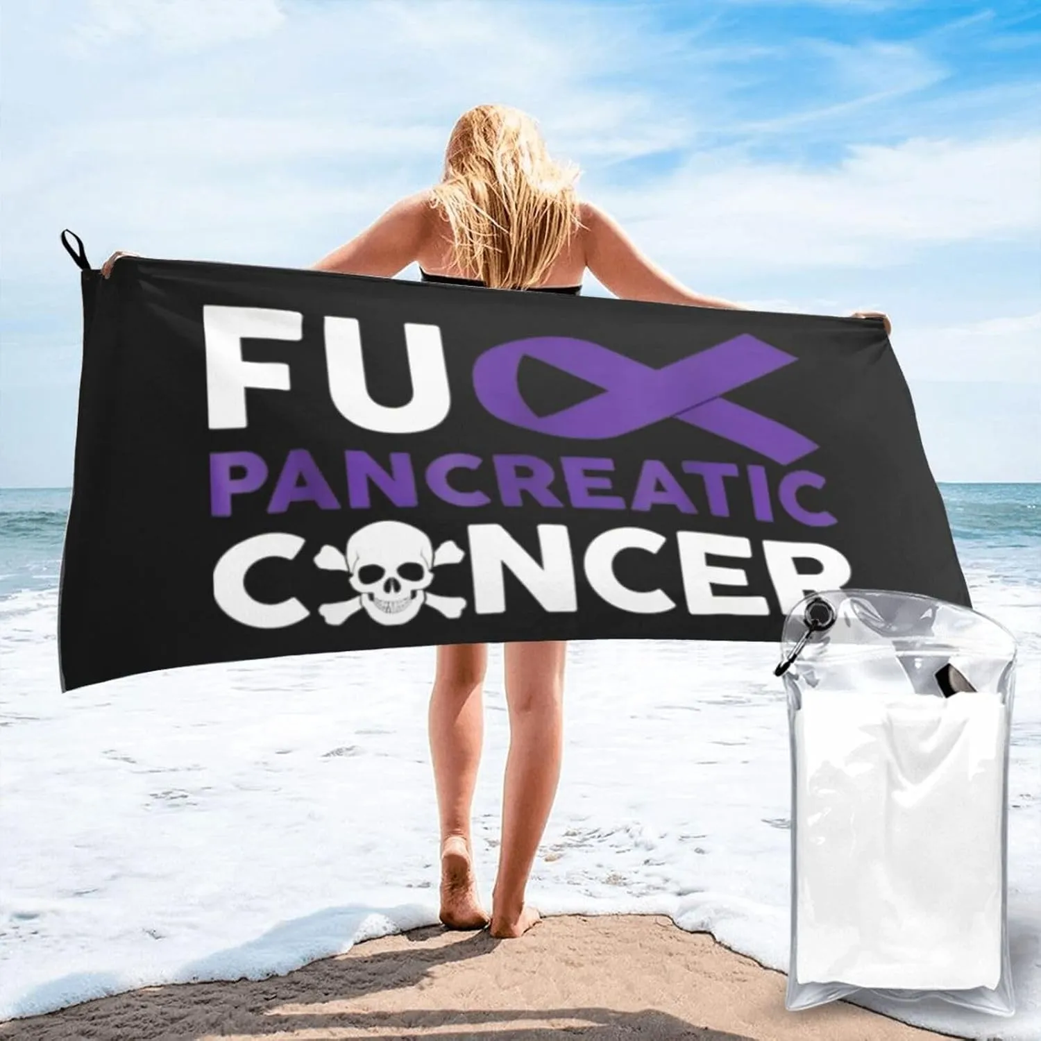 Fuck Pancreatic Cancer Beach Towel with Travel Bag 27.5"x55" Quick Dry Sand Free Lightweight Large Oversized Towels Light Vacation Essentials