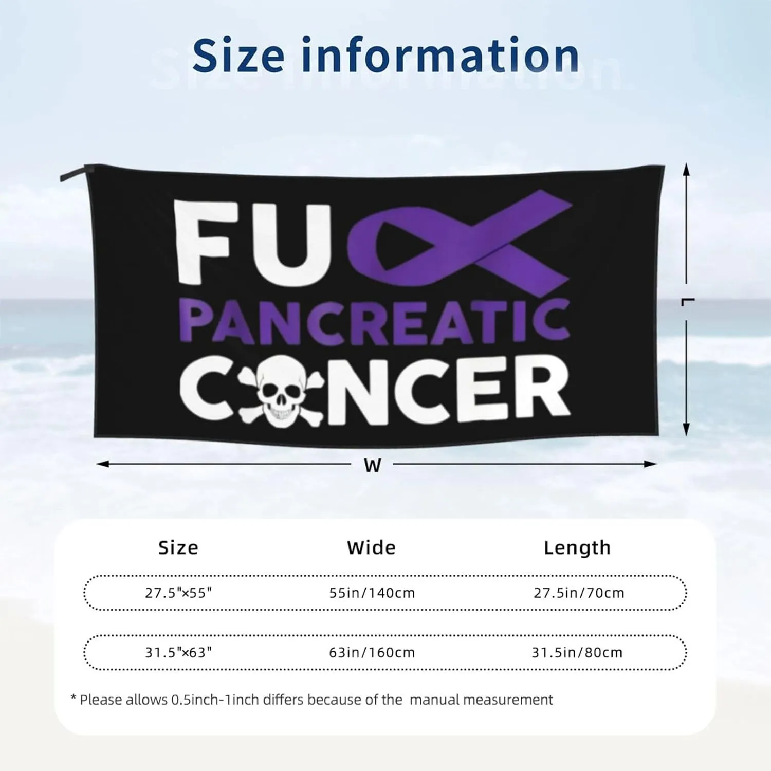 Fuck Pancreatic Cancer Beach Towel with Travel Bag 27.5"x55" Quick Dry Sand Free Lightweight Large Oversized Towels Light Vacation Essentials