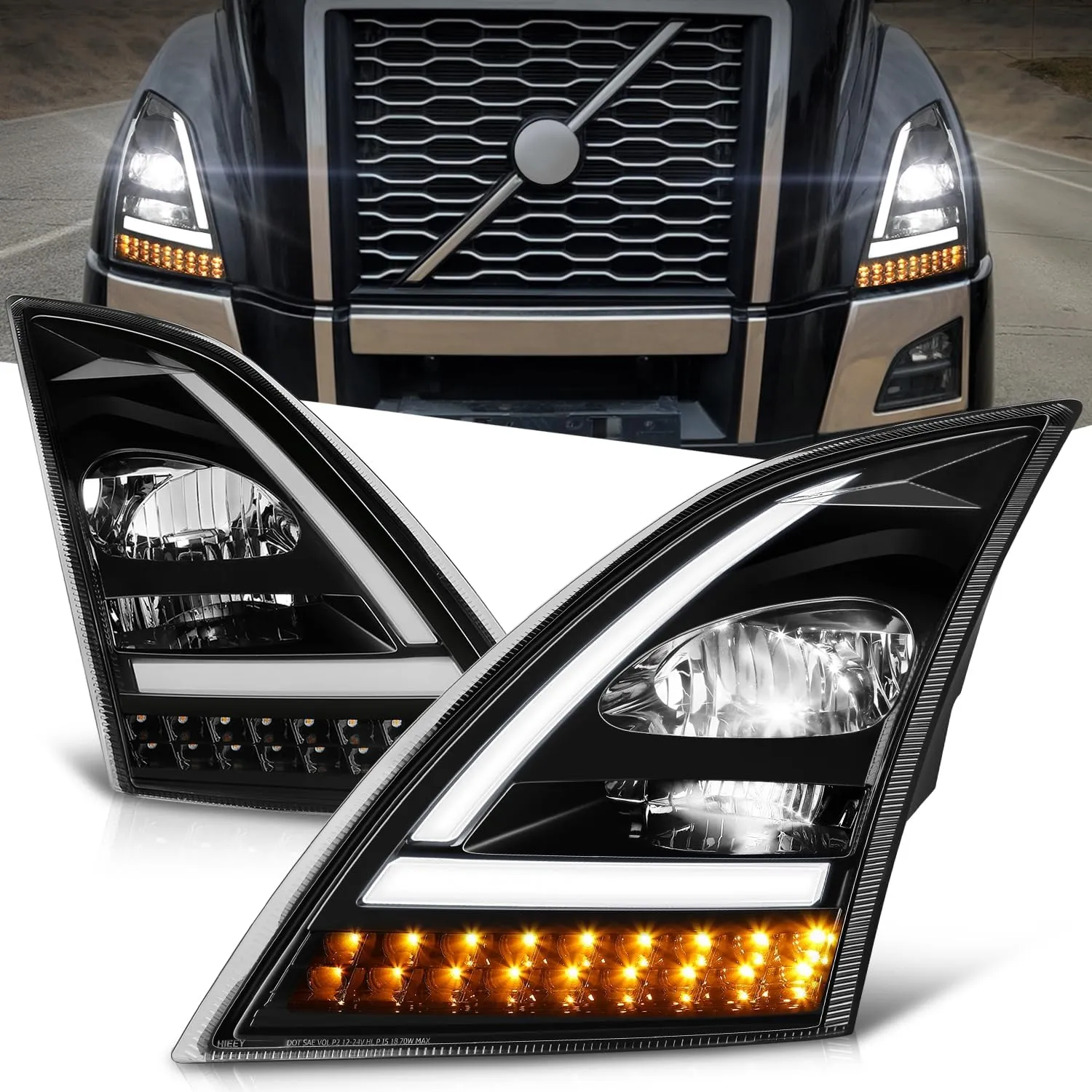 Full LED Headlight Assembly with Sequential LED Light Bar Compatible with Volvo VN VNL 300 400 430 630 740 760 860 2018-2024, Driver and Passenger Side, Black Housing Clear Lens Clear Reflector