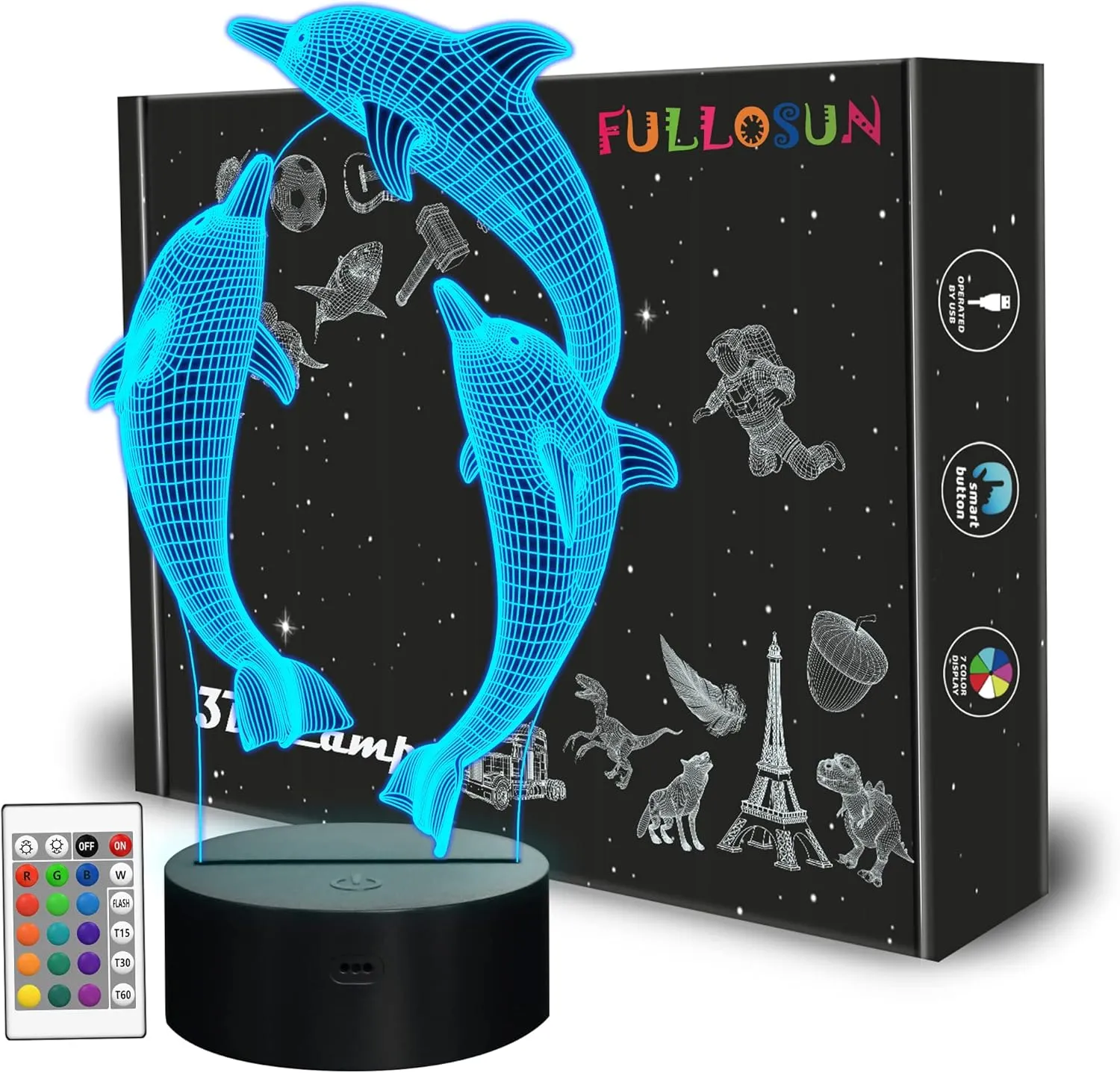 FULLOSUN Night Light for Kids Ocean Dolphin 3D Night Light Porpoise Bedside Lamp with Remote Control 16 Color Changing Xmas Halloween Birthday Gift for Child Baby Girl