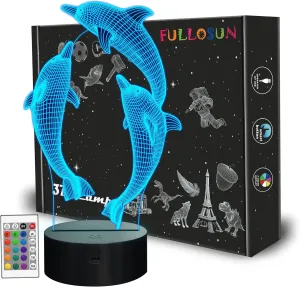 FULLOSUN Night Light for Kids Ocean Dolphin 3D Night Light Porpoise Bedside Lamp with Remote Control 16 Color Changing Xmas Halloween Birthday Gift for Child Baby Girl