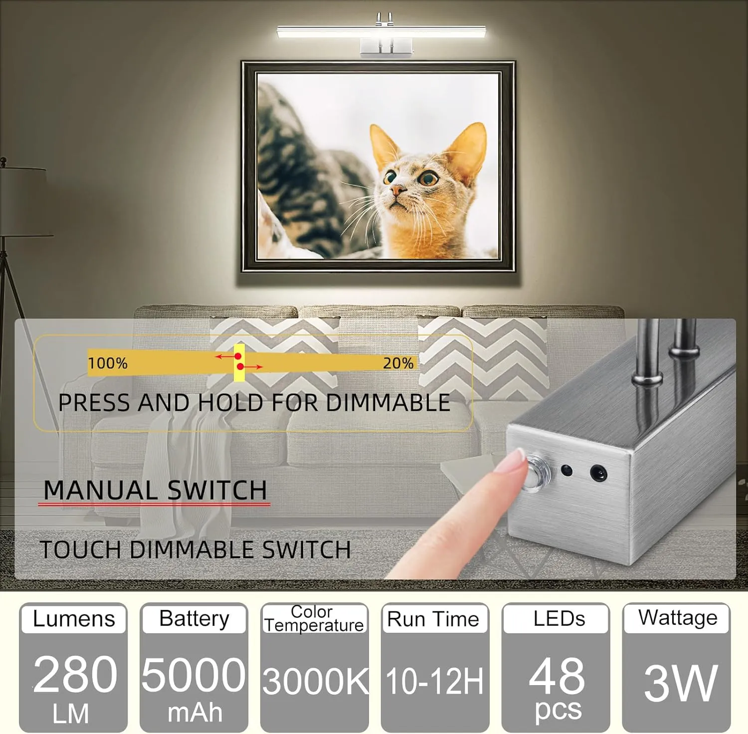 FUNCHDAY Picture Light, Wireless Rechargeable Gallery Lights with Remote, 280LM Dimmable Art Lighting Battery Powered, Timer Set 16” Metal Wall Lights for Paintings, Frame (Black Nickel)