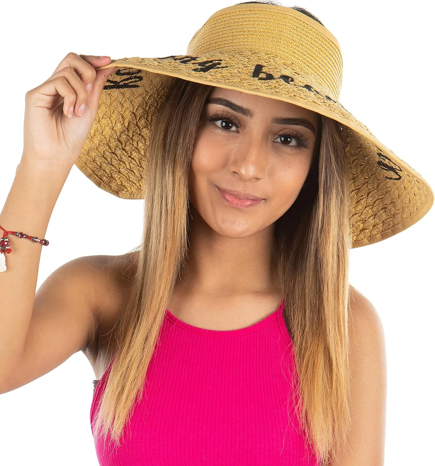 Funky Junque Women’s Sun Visor Wide Brim Straw Roll up Ponytail Hat