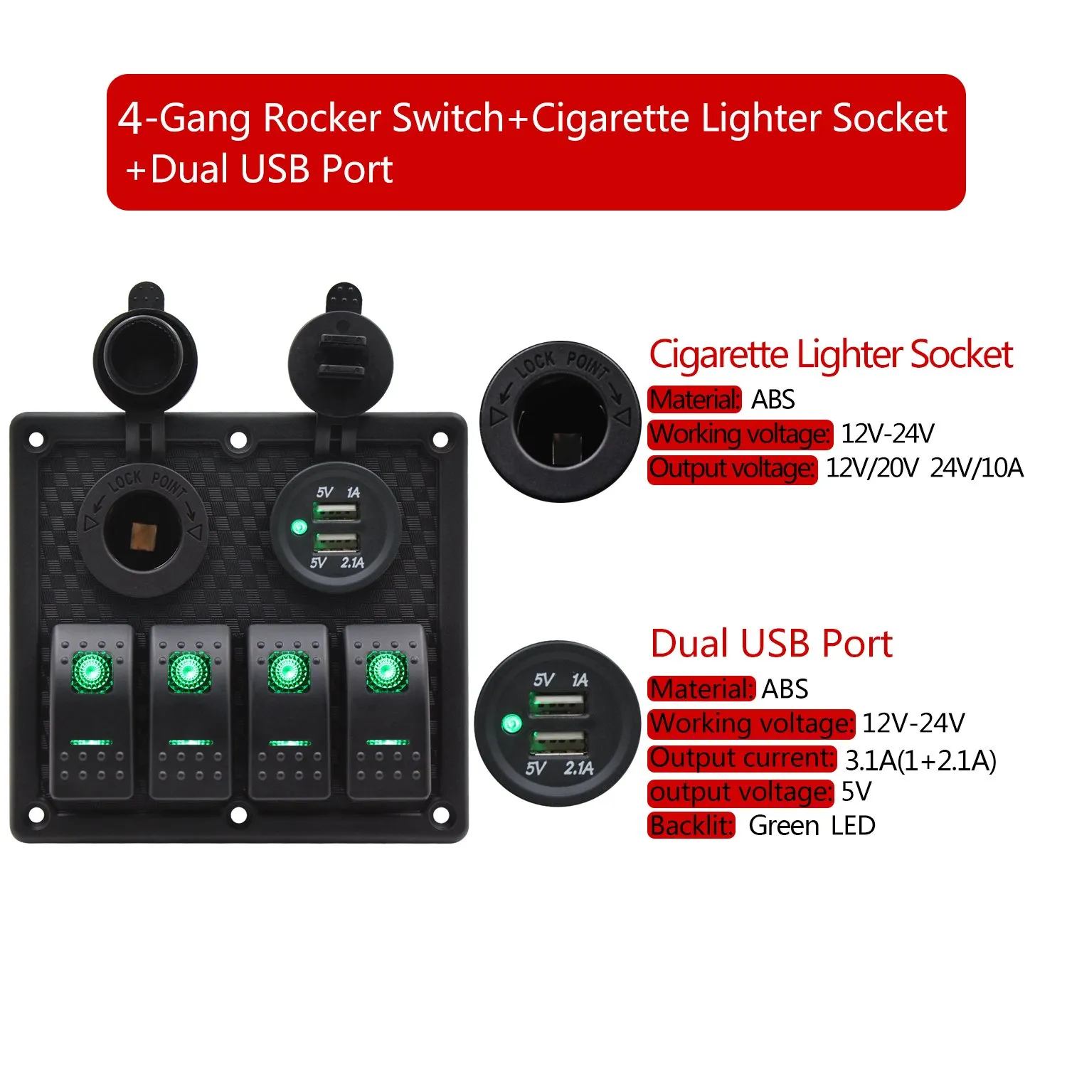 FXC Waterproof Marine Boat Rocker Switch Panel 4 Gang with Dual USB Slot Socket   Cigarette Lighter LED Light for Car Rv Vehicles Truck (4 Gang Green Light)