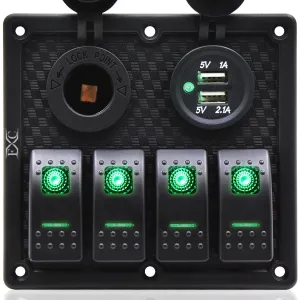 FXC Waterproof Marine Boat Rocker Switch Panel 4 Gang with Dual USB Slot Socket   Cigarette Lighter LED Light for Car Rv Vehicles Truck (4 Gang Green Light)